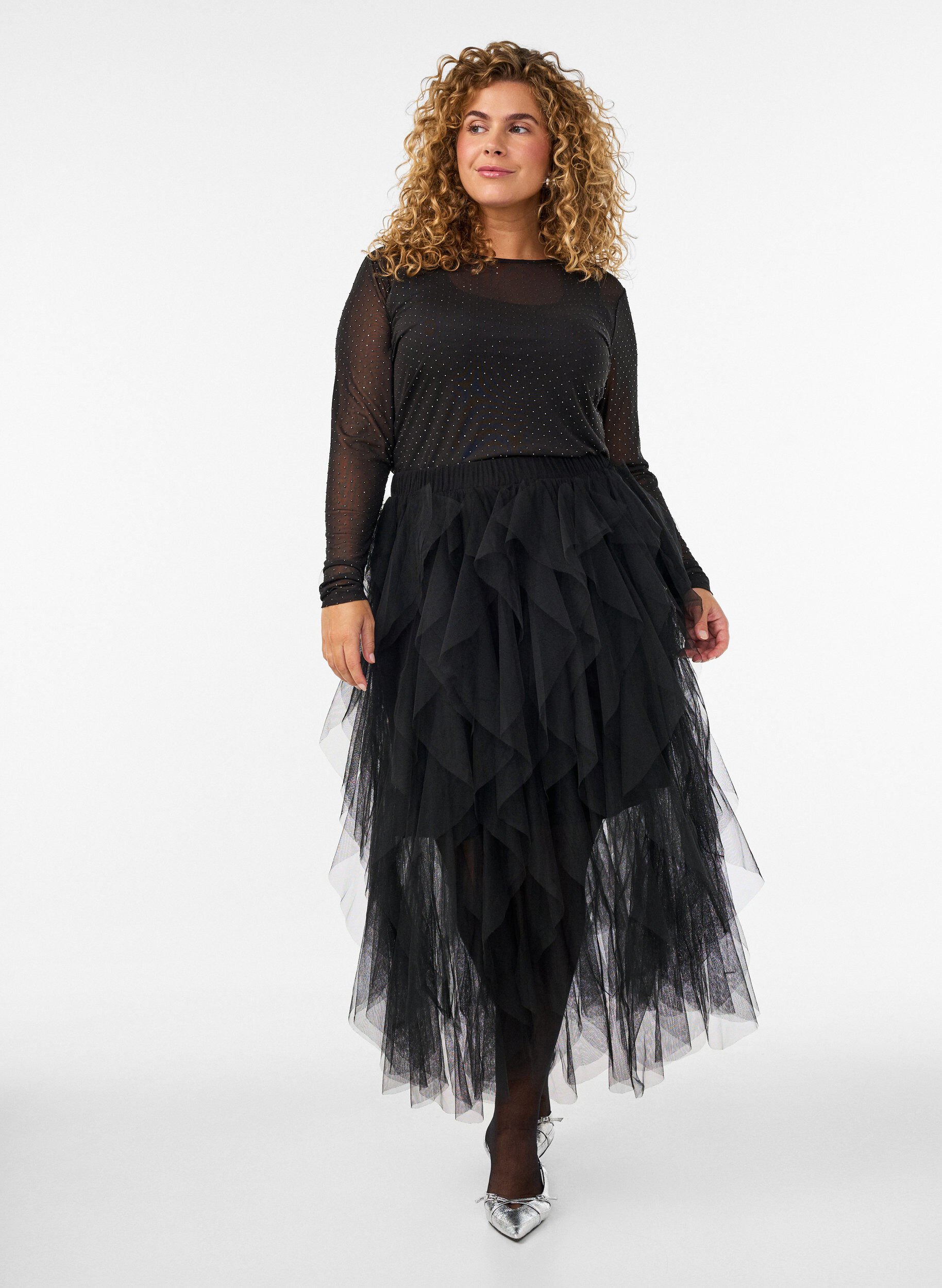 Midi-T&uuml;llrock mit elastischem Bund, Schwarz, Model