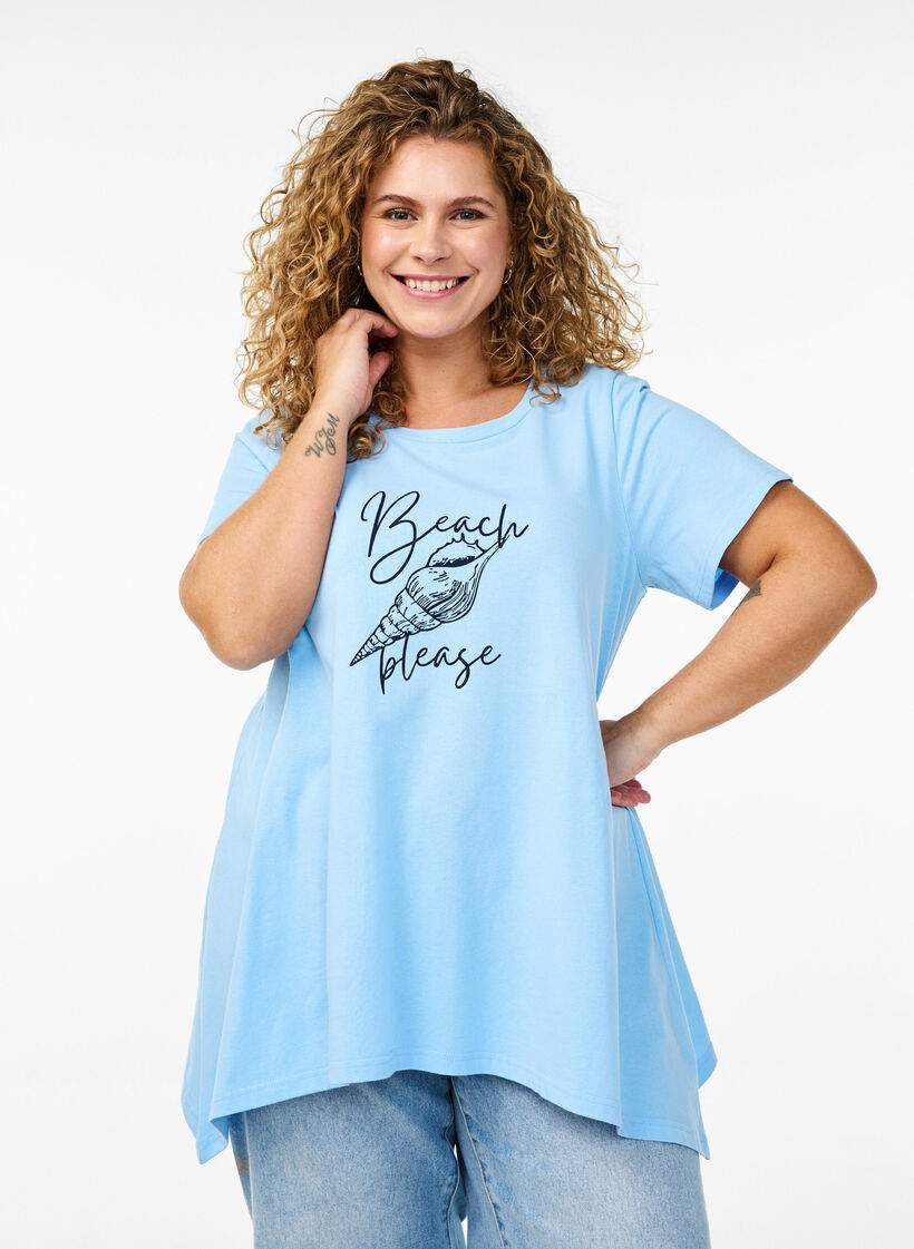 T-shirt &agrave; col rond et coupe &eacute;vas&eacute;e, Bleu, Model image number 0
