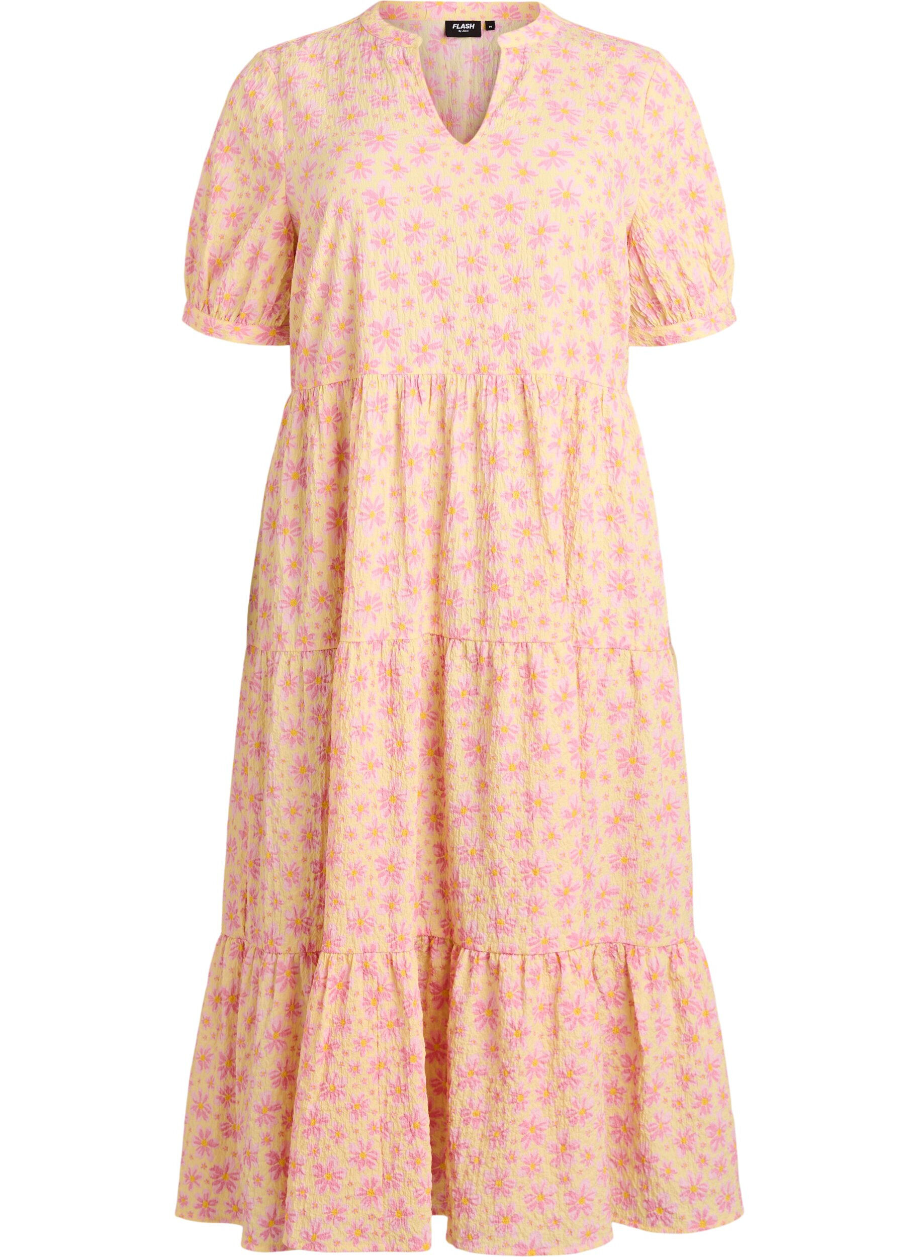 ZizziKn&ouml;chellanges Kleid mit kurzen &Auml;rmeln und gestuften Volants, Gelb, Packshot image number 0