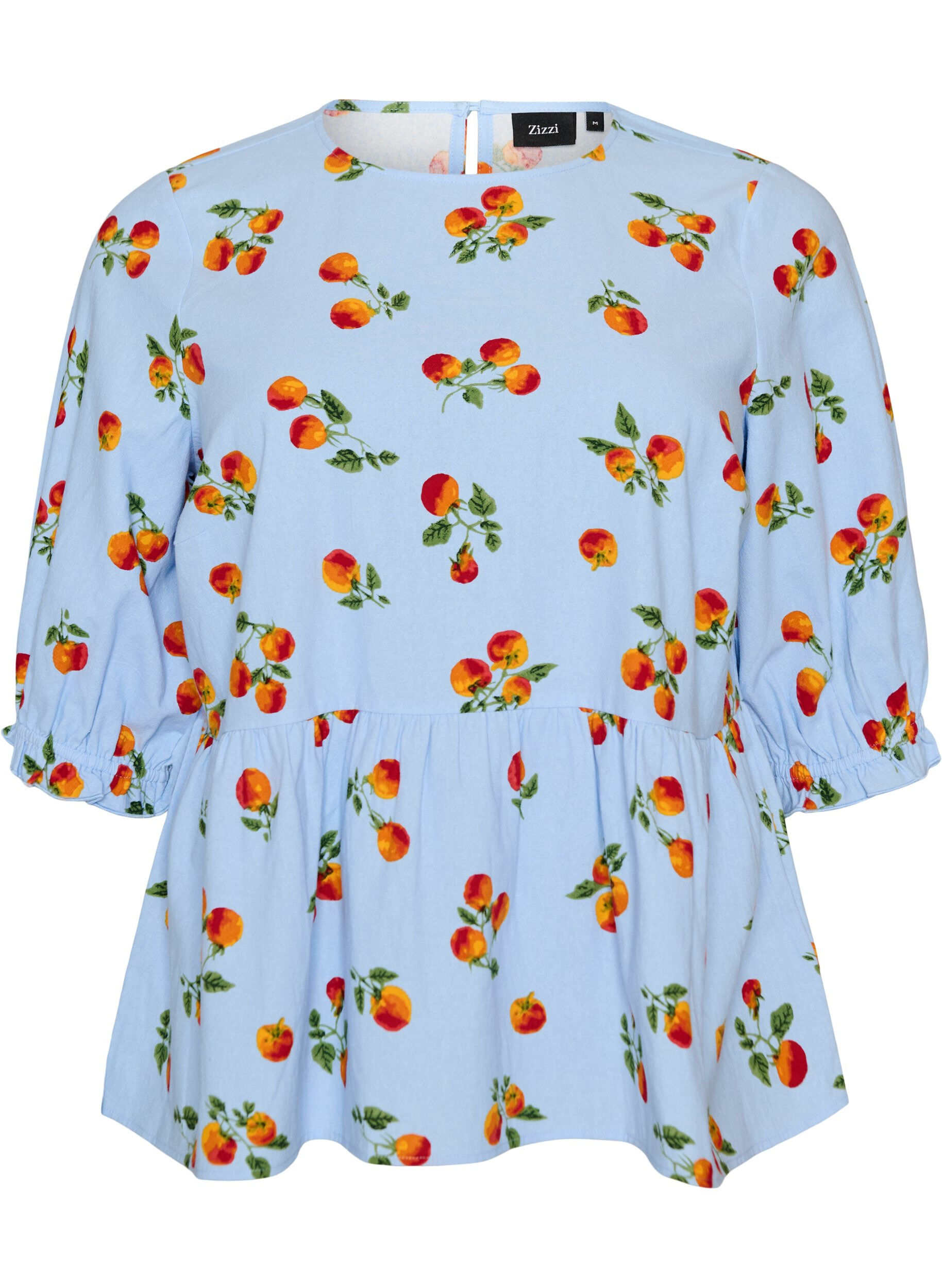 Blouse en coton avec imprim&eacute; tomates et peplum