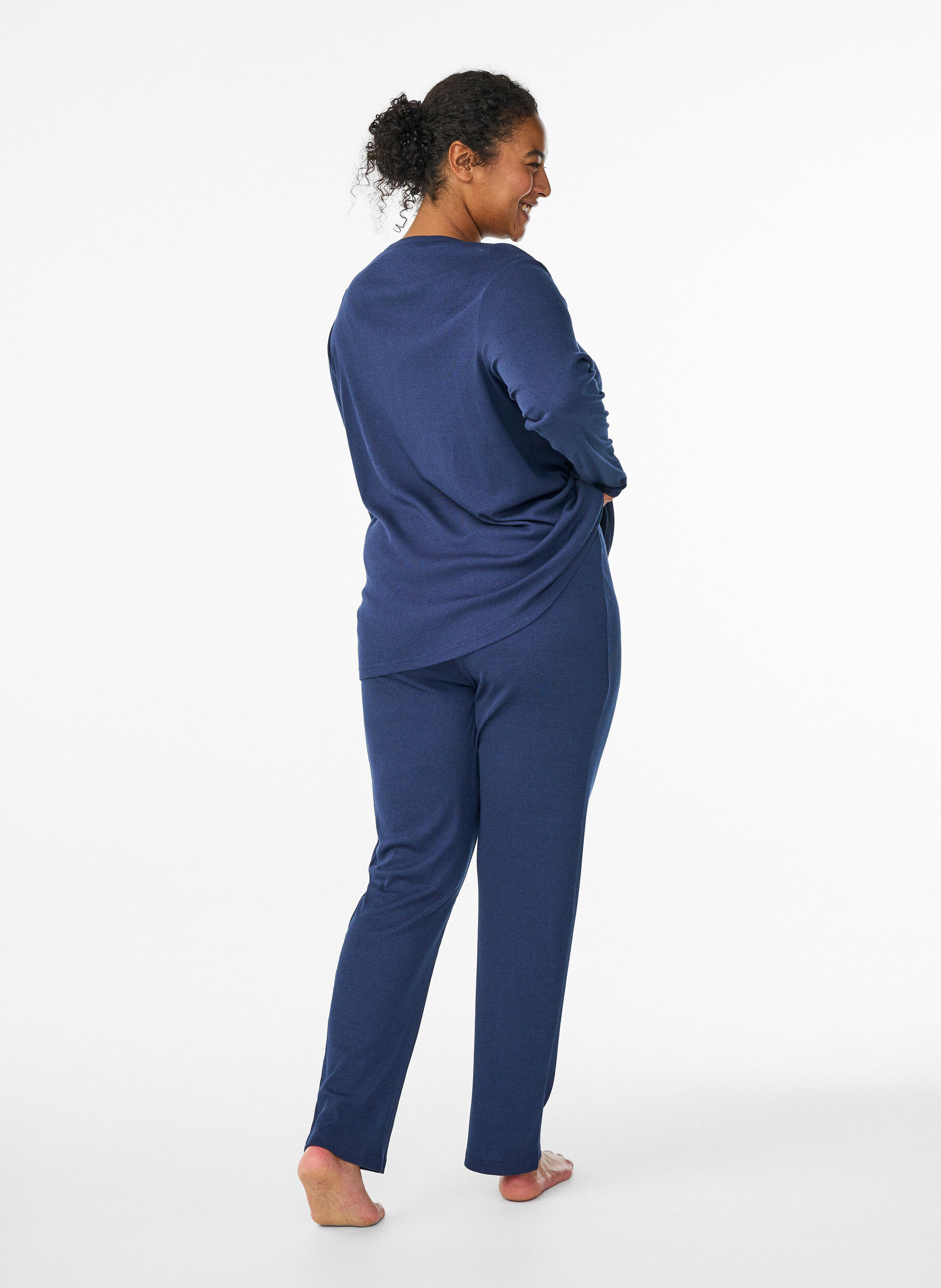 Zizzi Pyjamahose mit Rippstruktur und elastischem Bund, Blau, Model image number 1