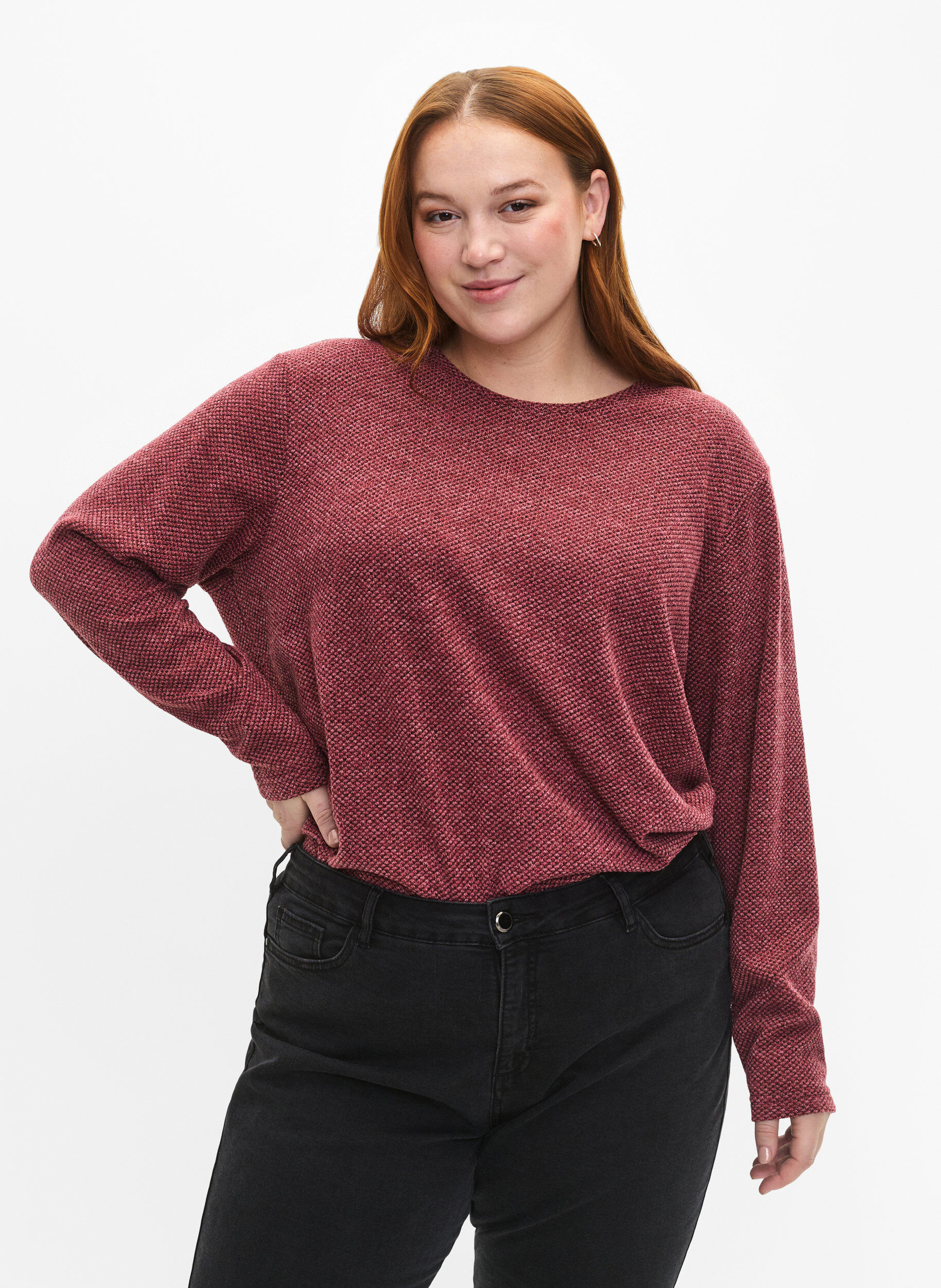 Zizzi Melange Bluse mit rund um den Neck und langen &Auml;rmel, Dry Rose, Model image number 0