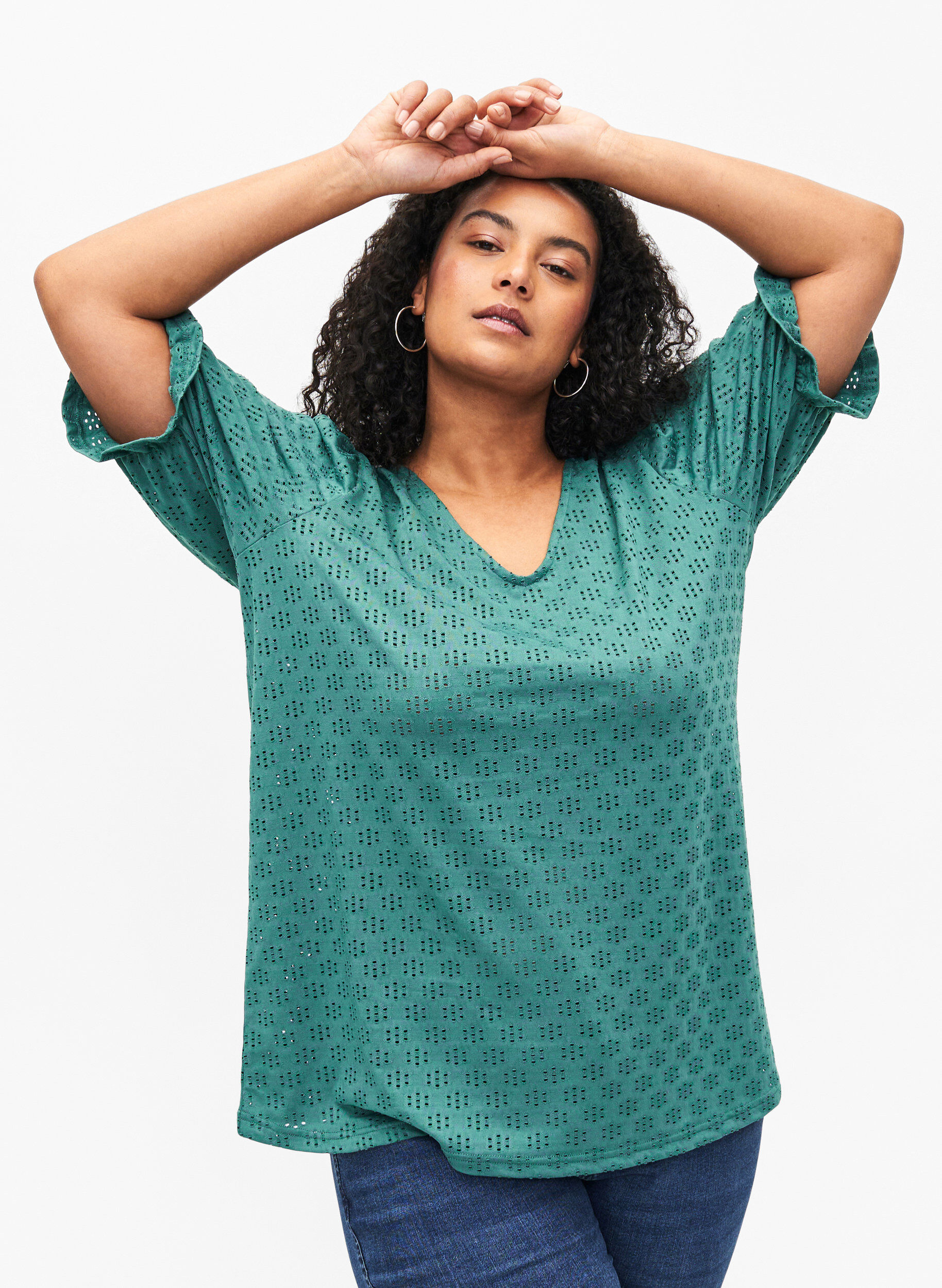 Zizzi Bluse mit V-Ausschnitt und Lochmuster, Sea Pine, Model image number 0
