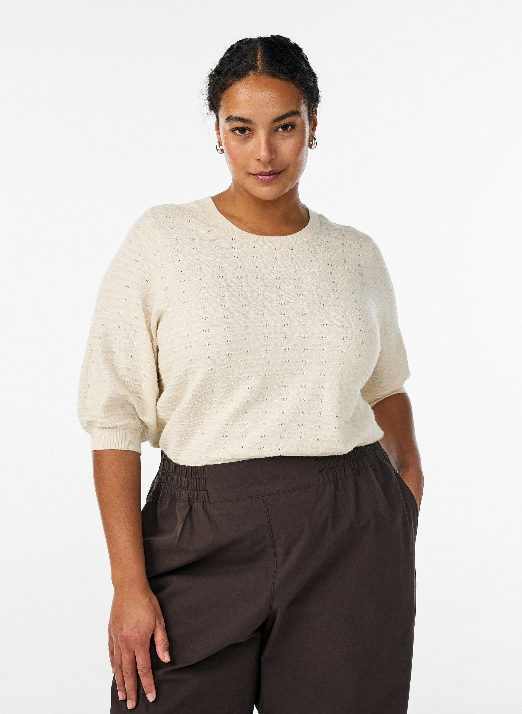 Zizzi Blouse en maille textur&eacute;e &agrave; manches courtes, Beige, Model image number 0