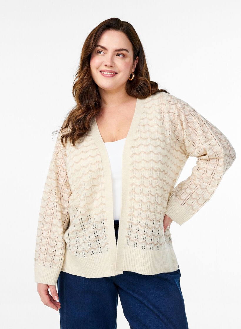 Strickjacke mit Lochmuster und Wellenlinien, Birch w. Simply T., Model image number 0
