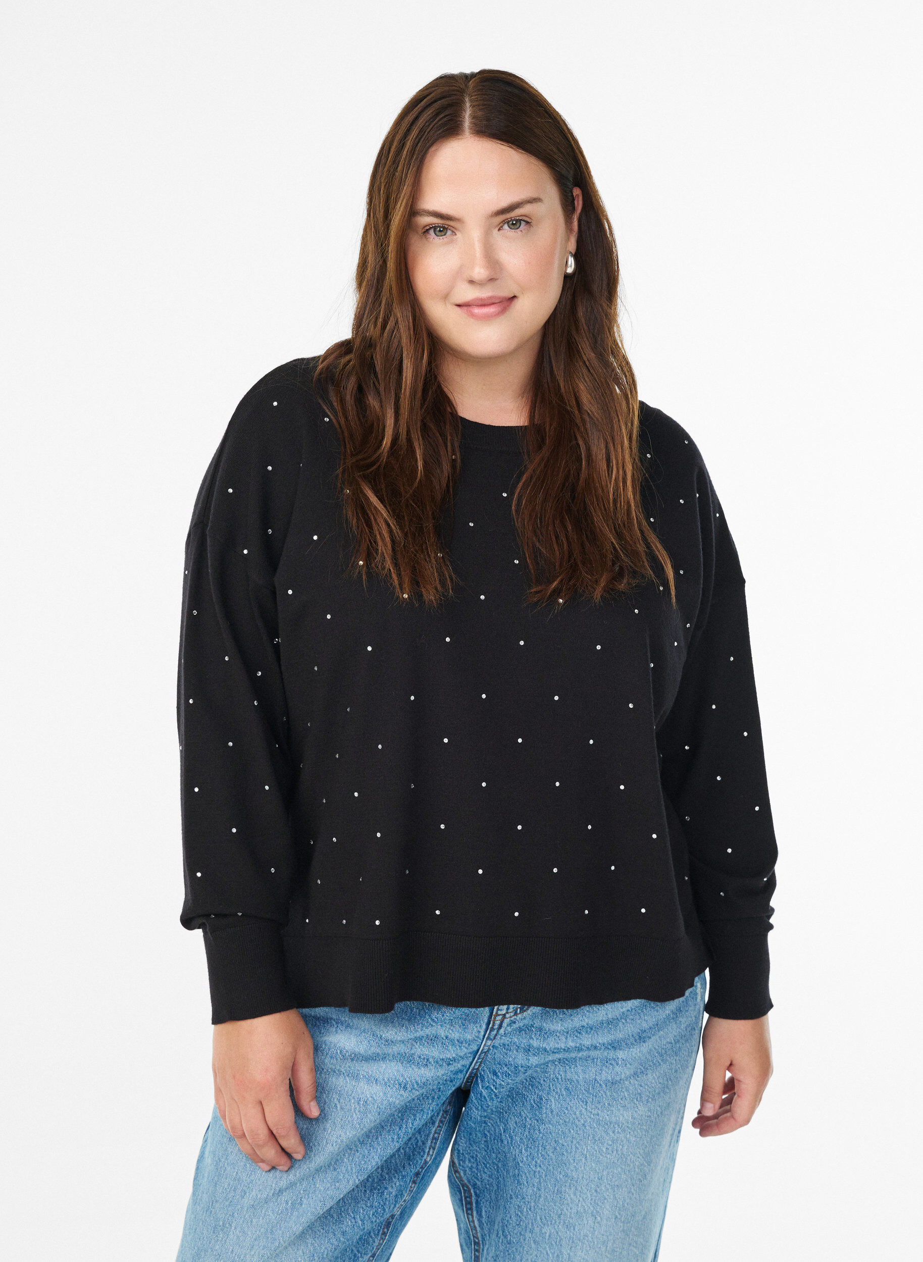 Zizzi Blouse en maille l&acirc;che avec strass, Noir, Model image number 0