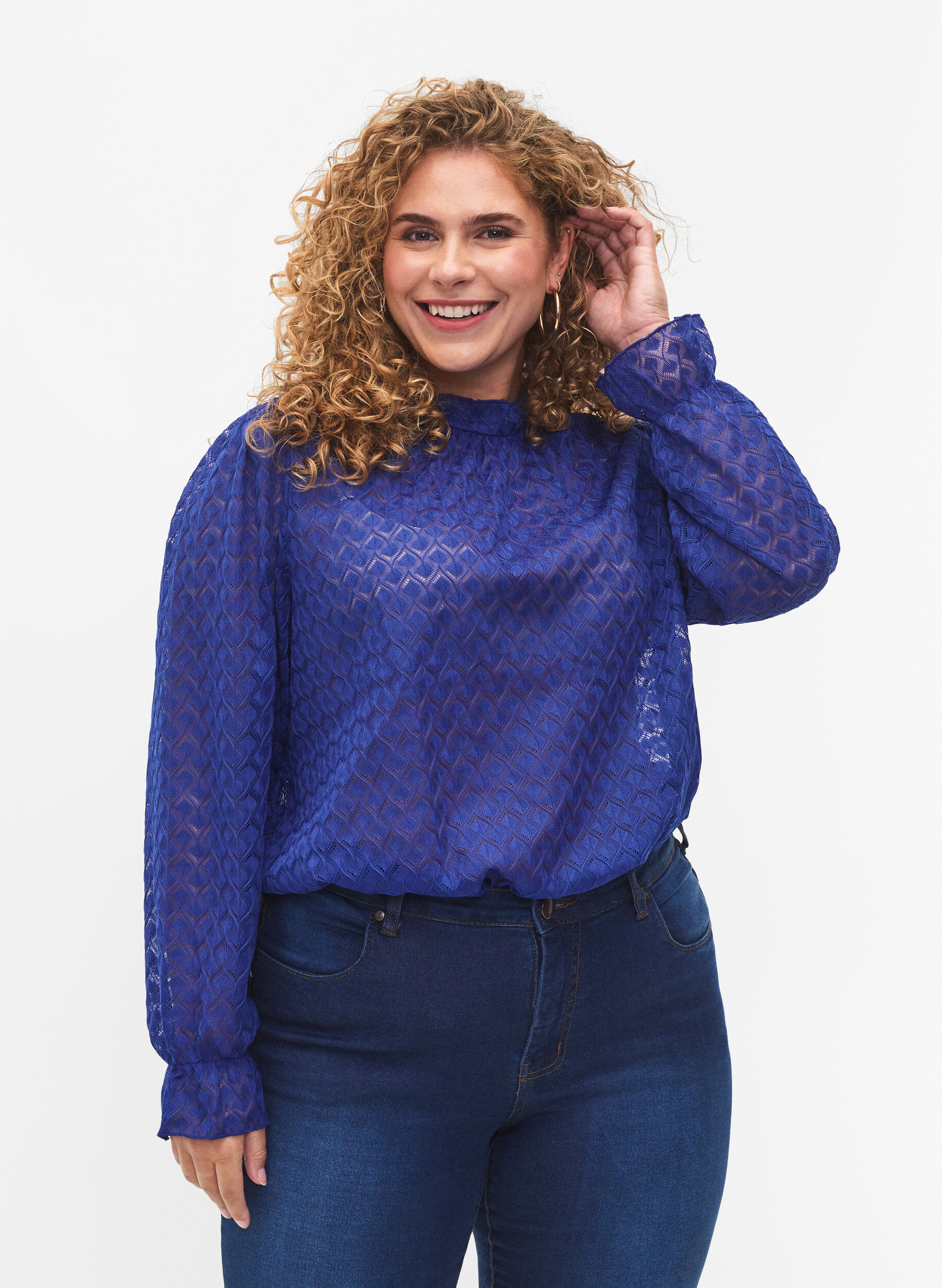 Zizzi  Blouse &agrave; manches longues avec texture &agrave; motifs, Deep Ultramarine, Model image number 0