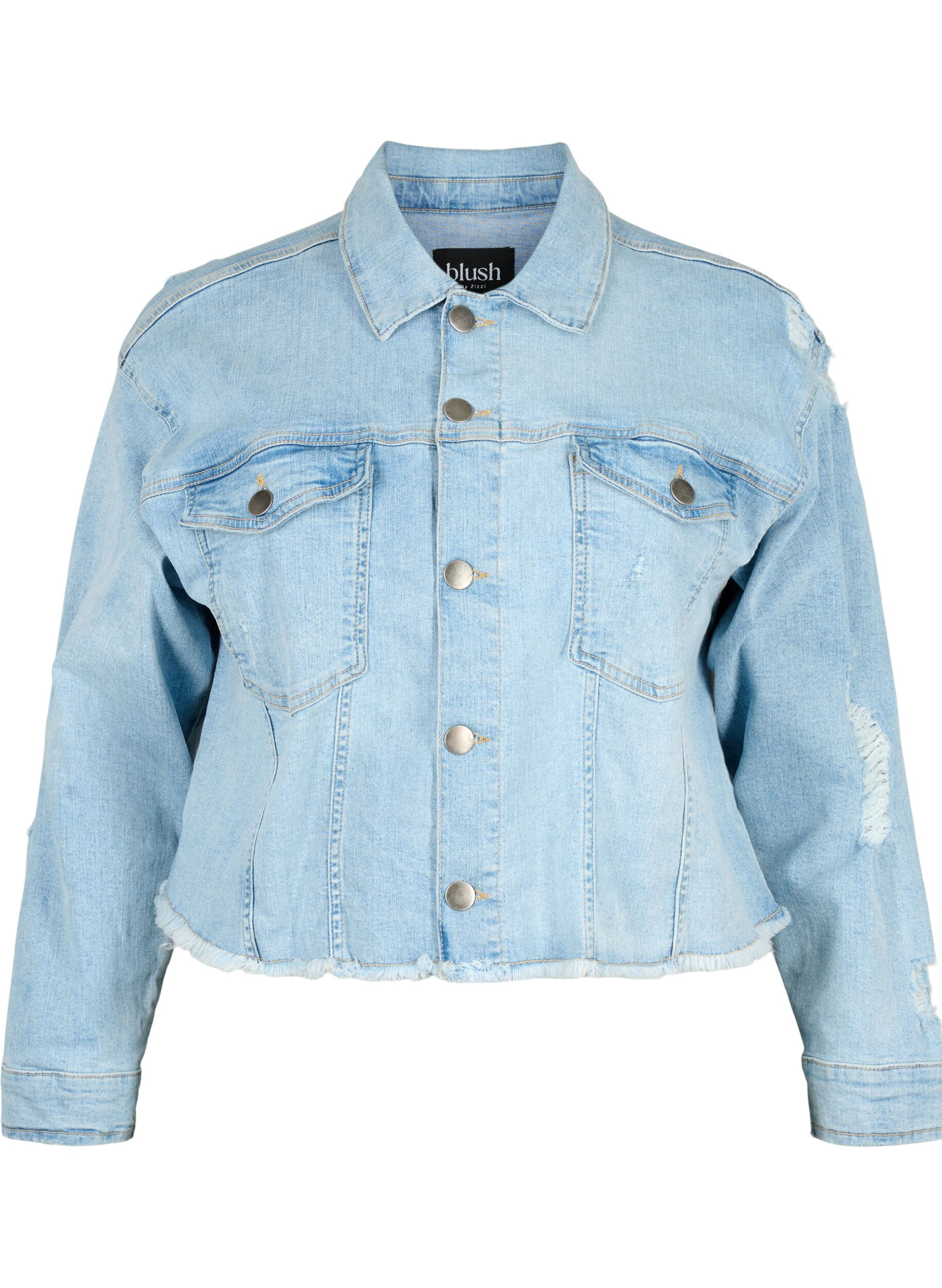 Zizzi Kurze Denim-Jacke mit Details in Used-Optik, Light Blue Denim, Packshot image number 0