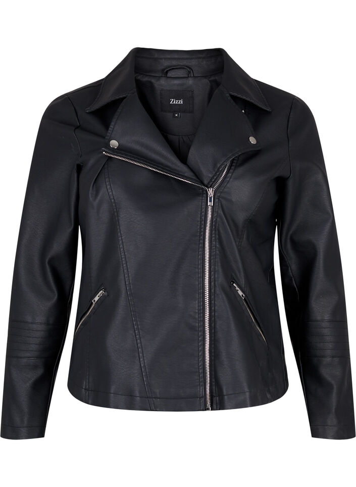 Imitierte Leder Biker Jacke, Schwarz, Packshot image number 0