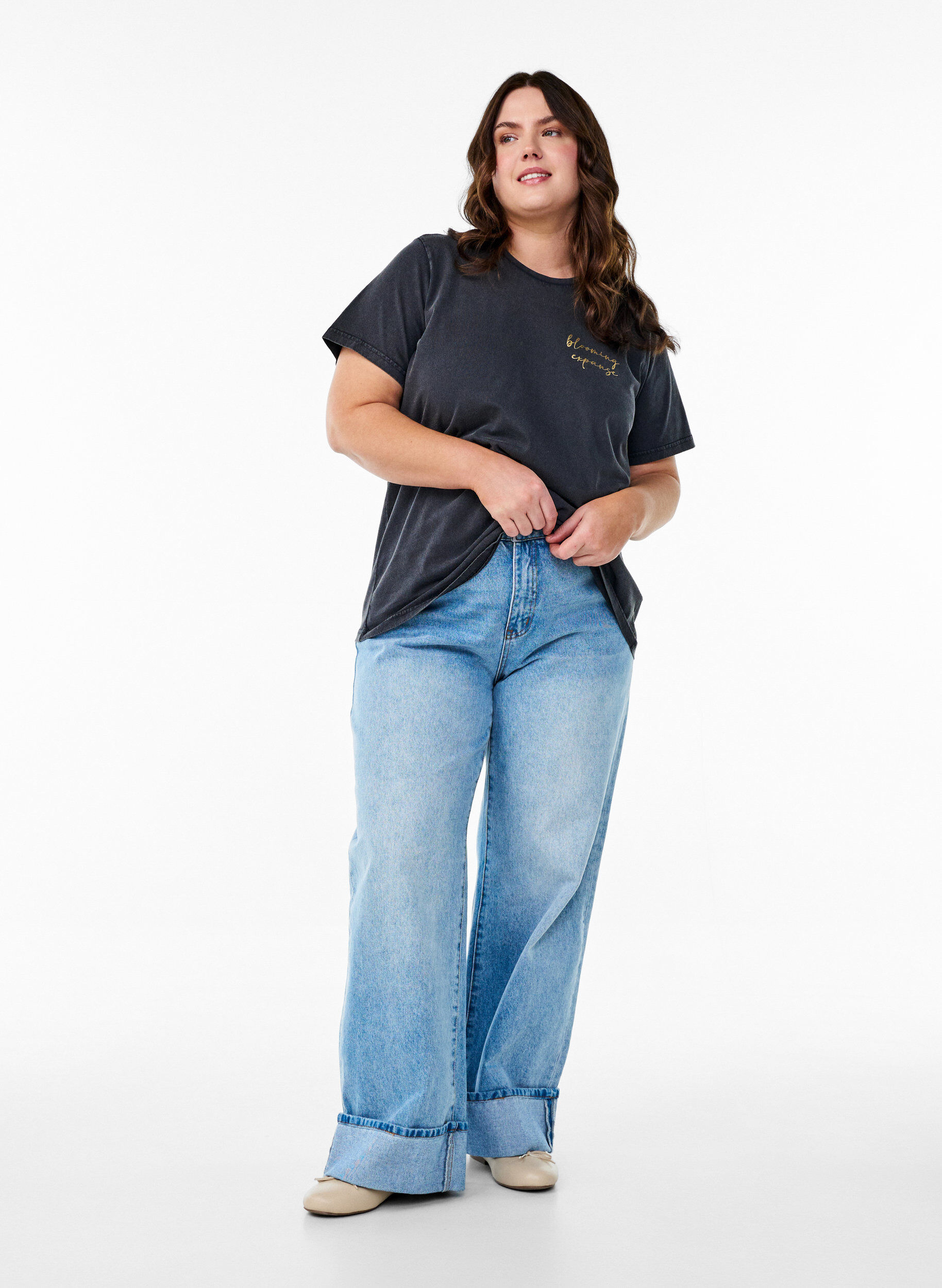 Zizzi T-shirt en coton biologique avec une impression cool, Gris anthracite, Model image number 1