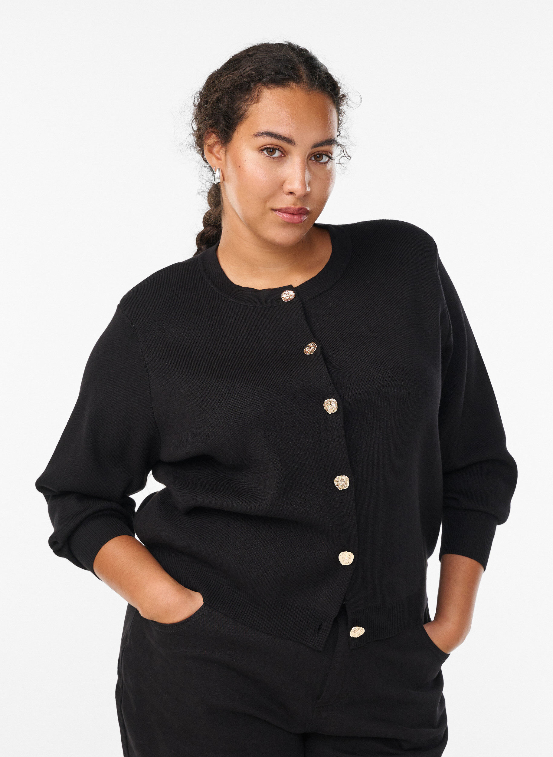 Cardigan mit dekorativen goldenen Kn&ouml;pfen, Schwarz, Model