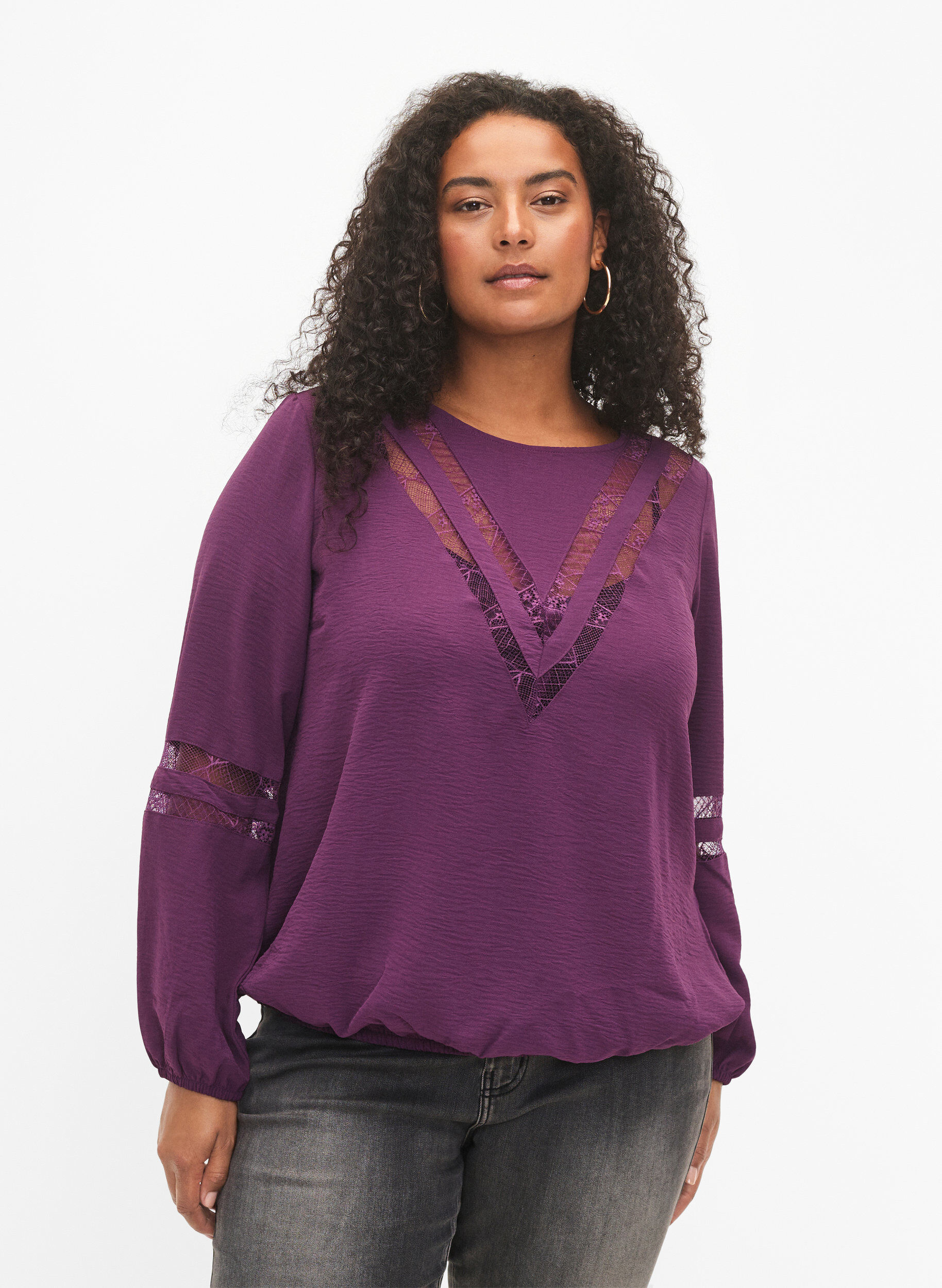 Zizzi  Langarm-Bluse mit Spitze, Deep Purple, Model image number 0