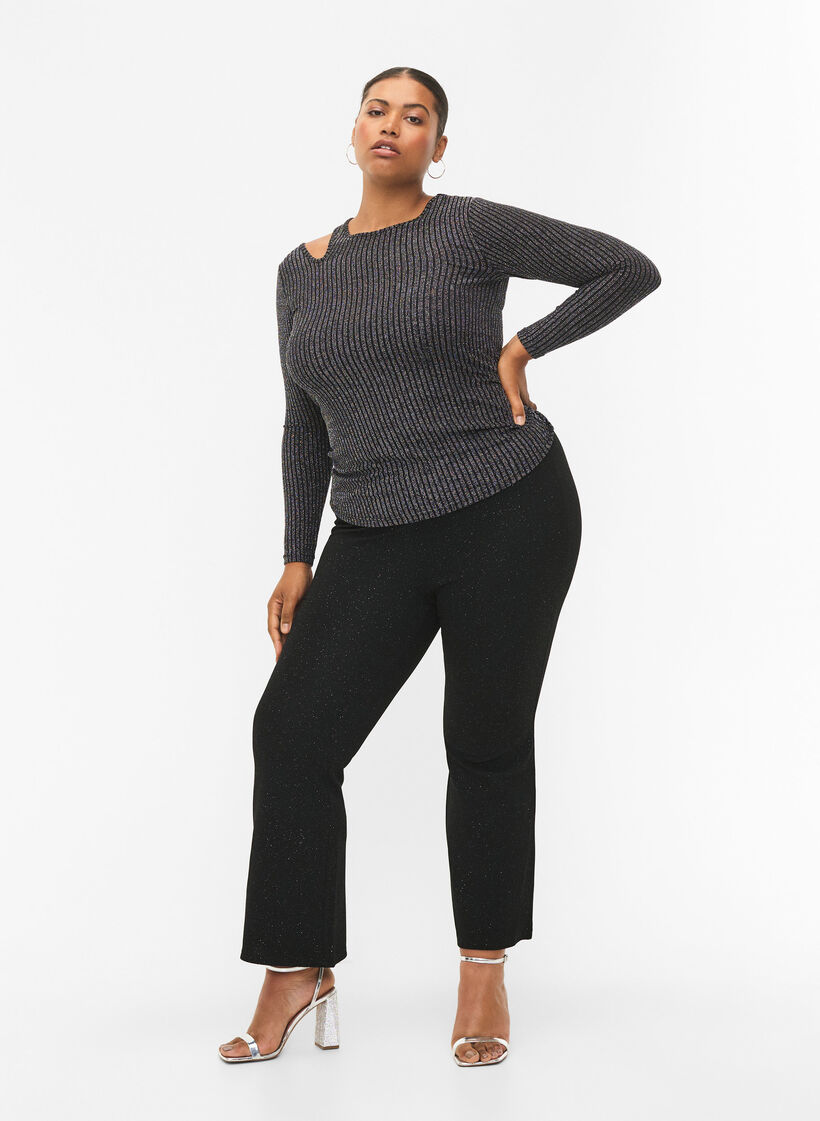 Langärmelige Bluse mit Glitzerausschnitt, B. w. Silver Stripes, Model image number 3