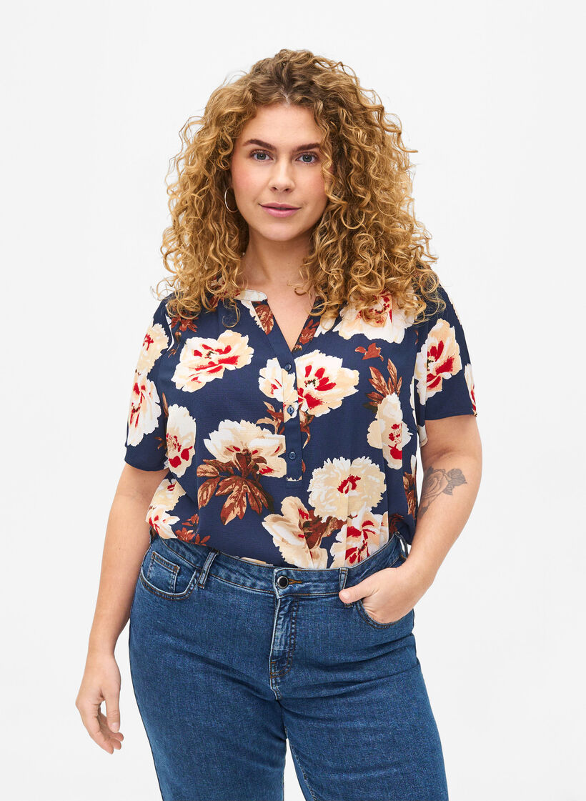 Blouse &agrave; manches courtes et encolure en V , Bleu, Model image number 0