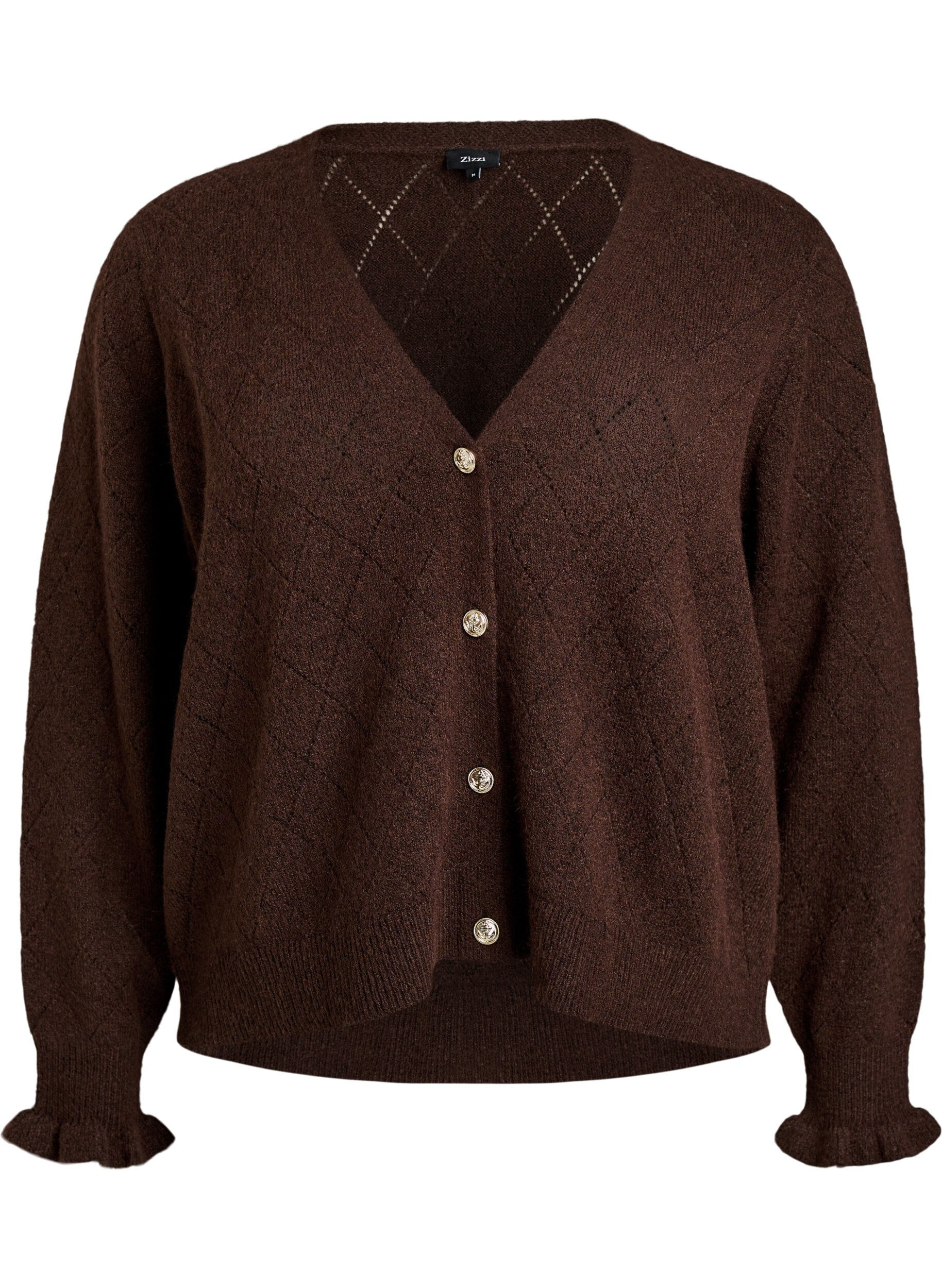ZizziCardigan &agrave; motif arlequin et col en V, Marron, Packshot image number 0