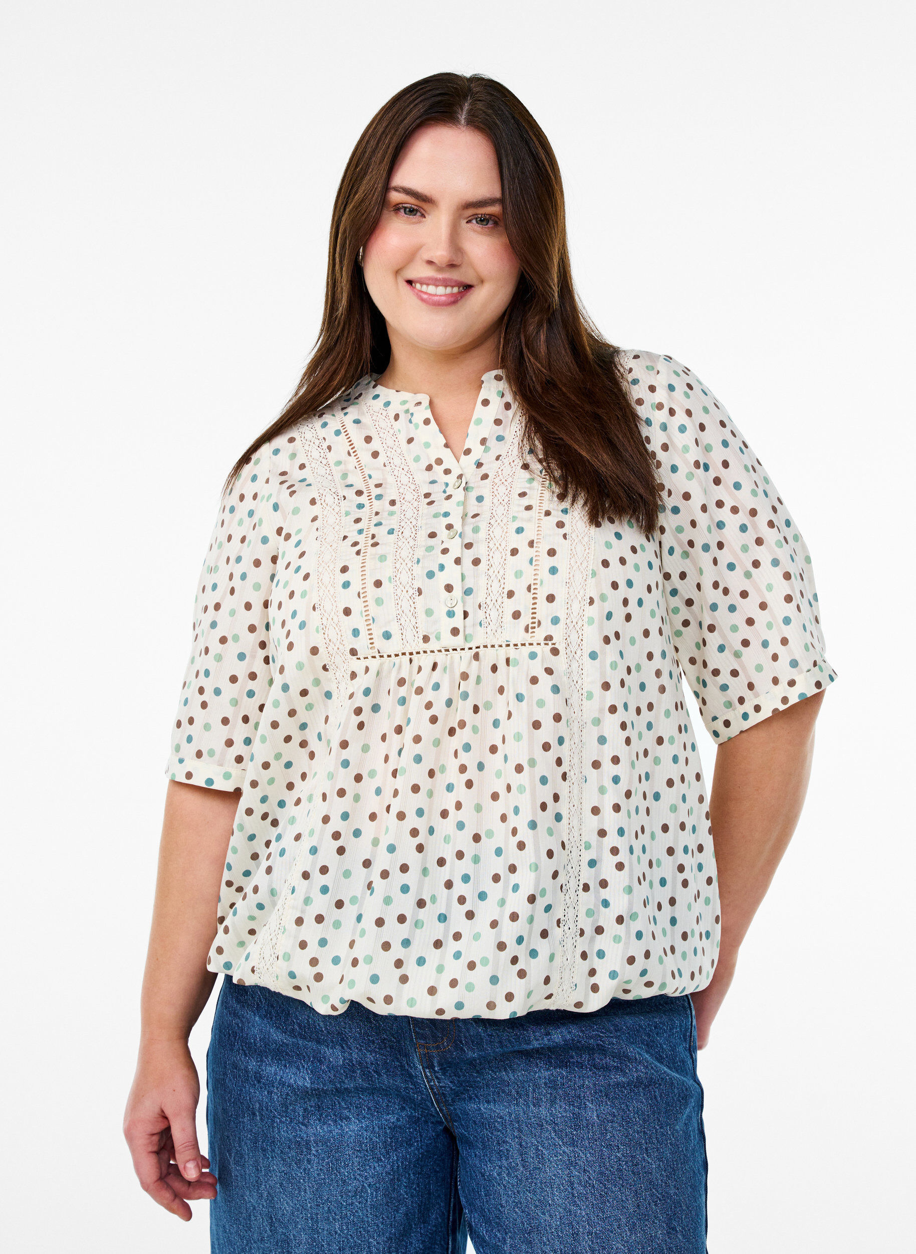 Zizzi Blouse imprim&eacute;e &agrave; manches 1/2, Blanc, Model image number 0