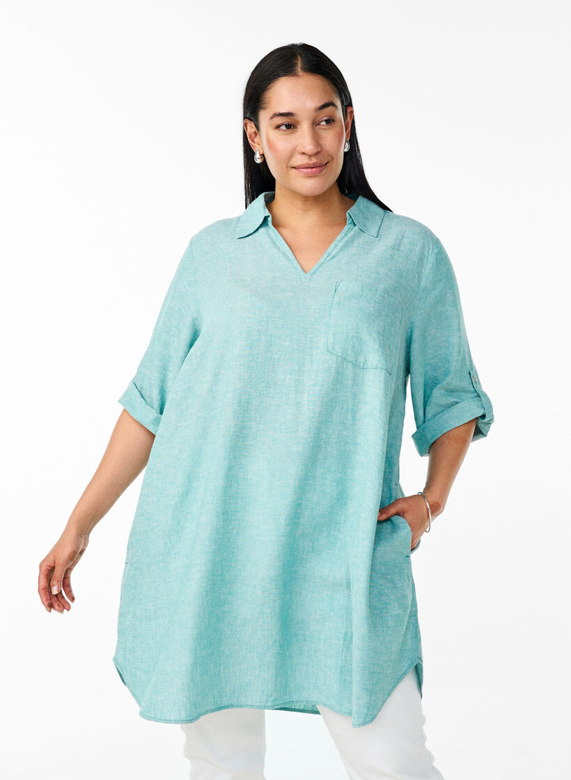 Tunika aus Leinen und Viskose mit A-Linie, Blau, Model image number 0