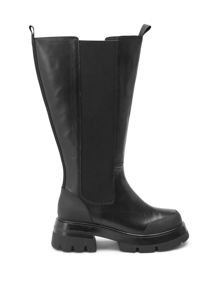 Bottes en cuir large avec un long tige et élastique, Black, Packshot image number 0