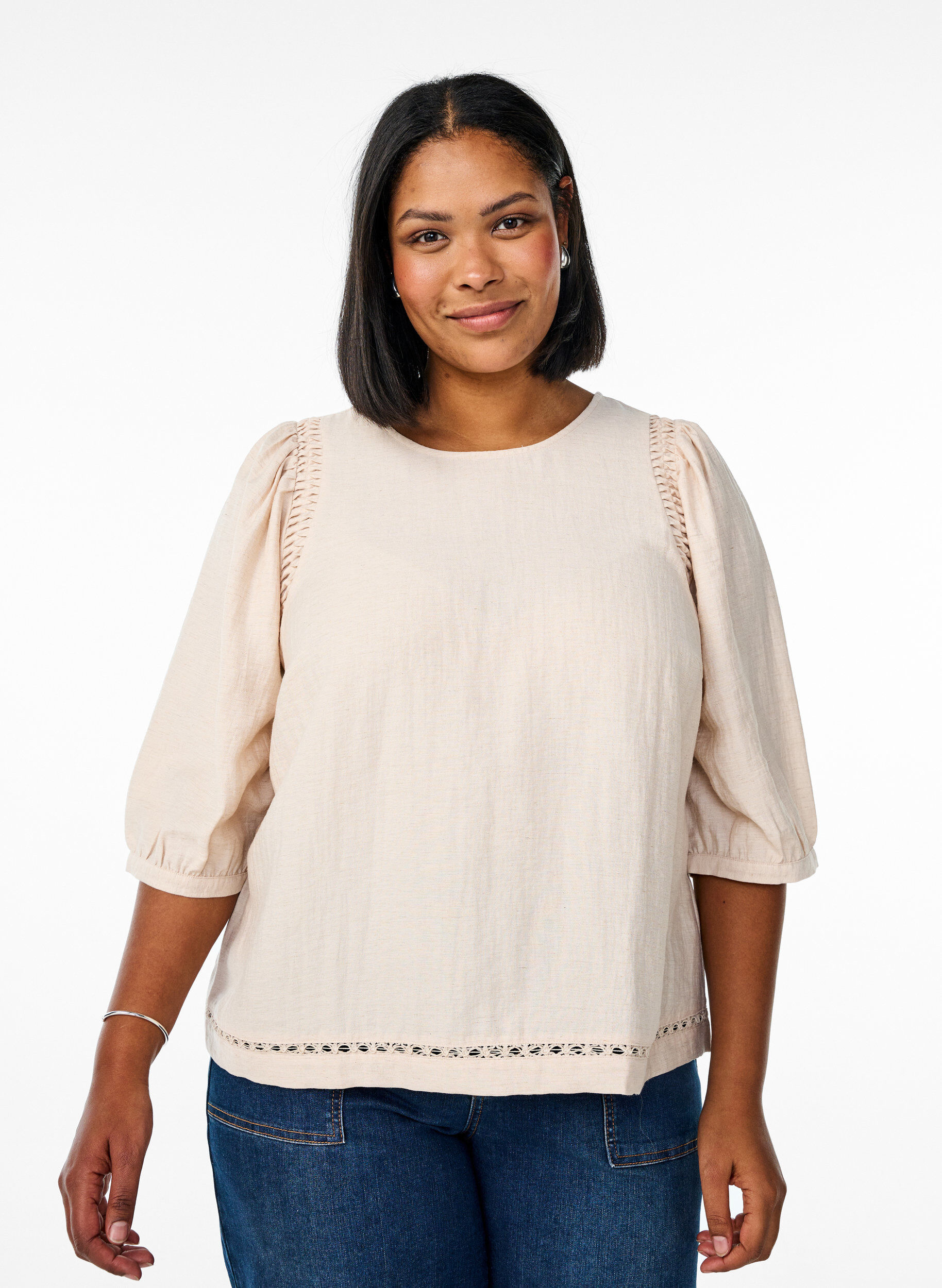 Zizzi Bluse aus Viskosemischung mit Leinen und gerafften Schultern, Orange, Model image number 0