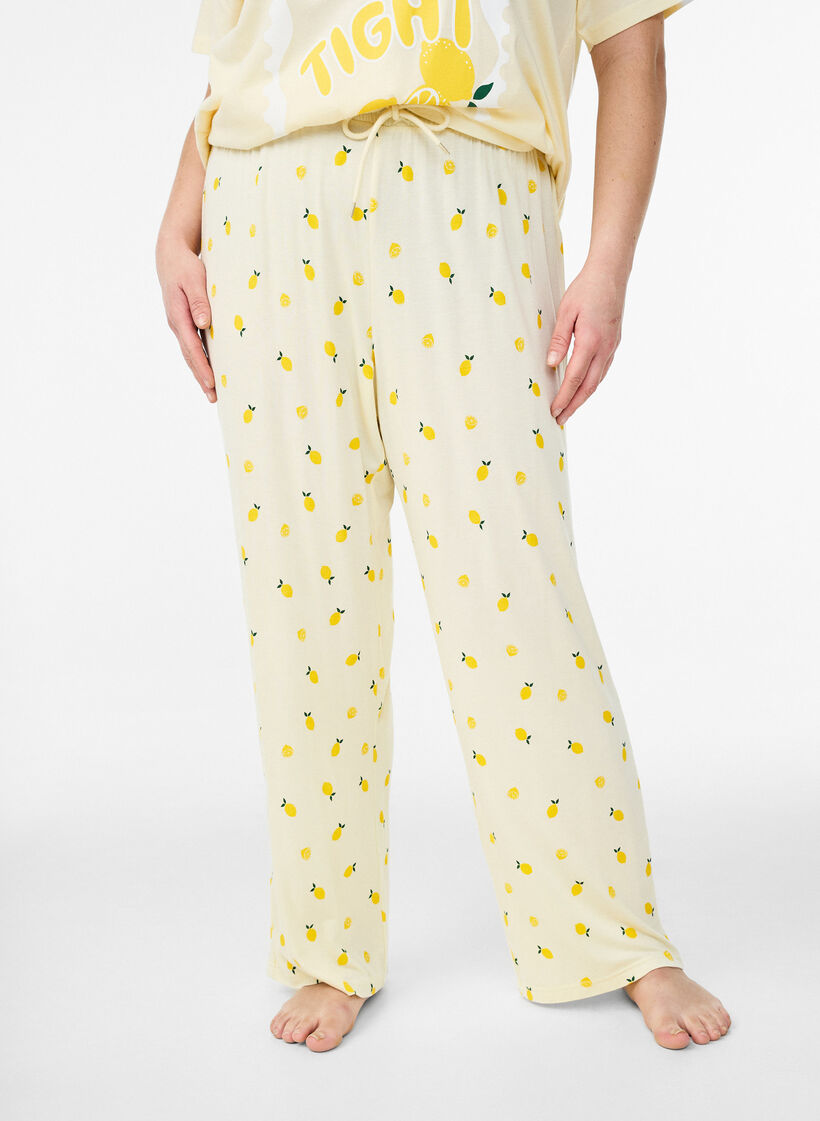 Pyjamahose aus weichem Jersey mit hoher Taille und Frucht-Print, Gelb, Model image number 2