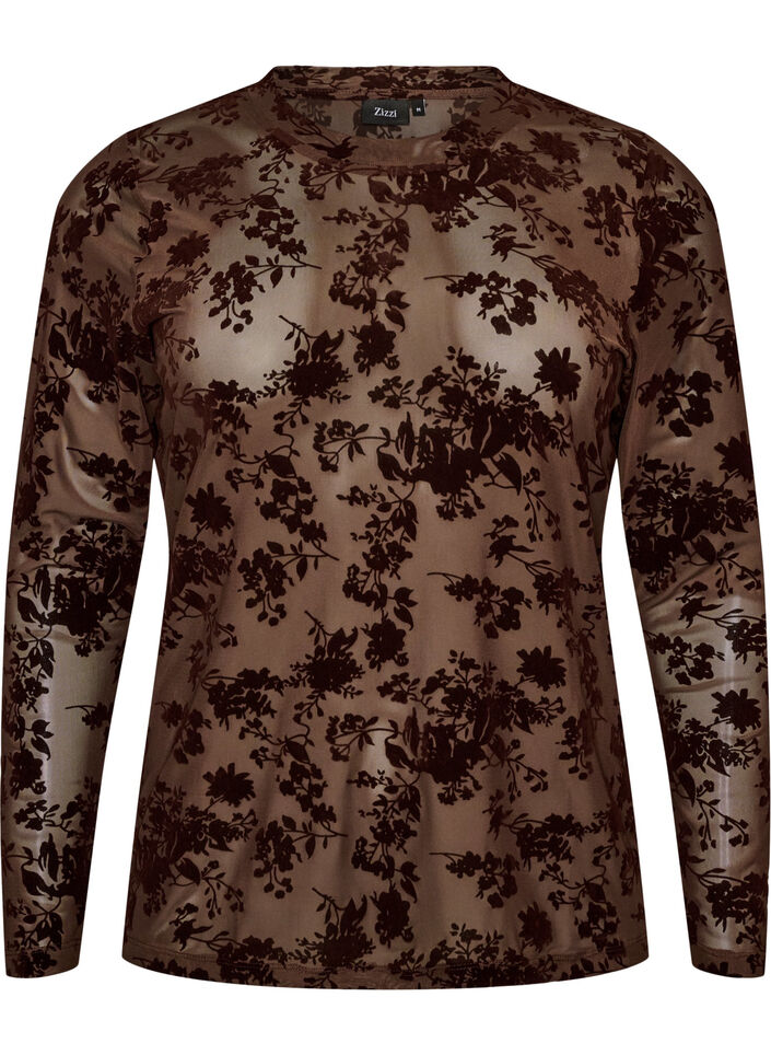 Bluse aus Mesh mit gebl&uuml;mtem Muster, Braun, Packshot image number 0