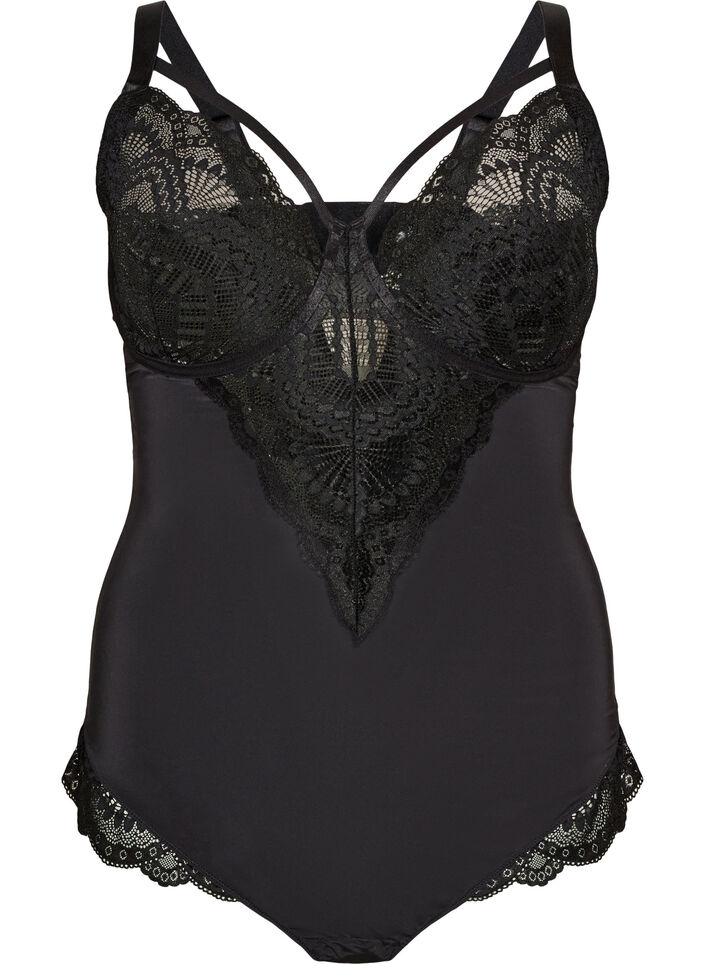B&uuml;gel-Spitzenbody mit Tr&auml;gerdetails, Schwarz, Packshot image number 0