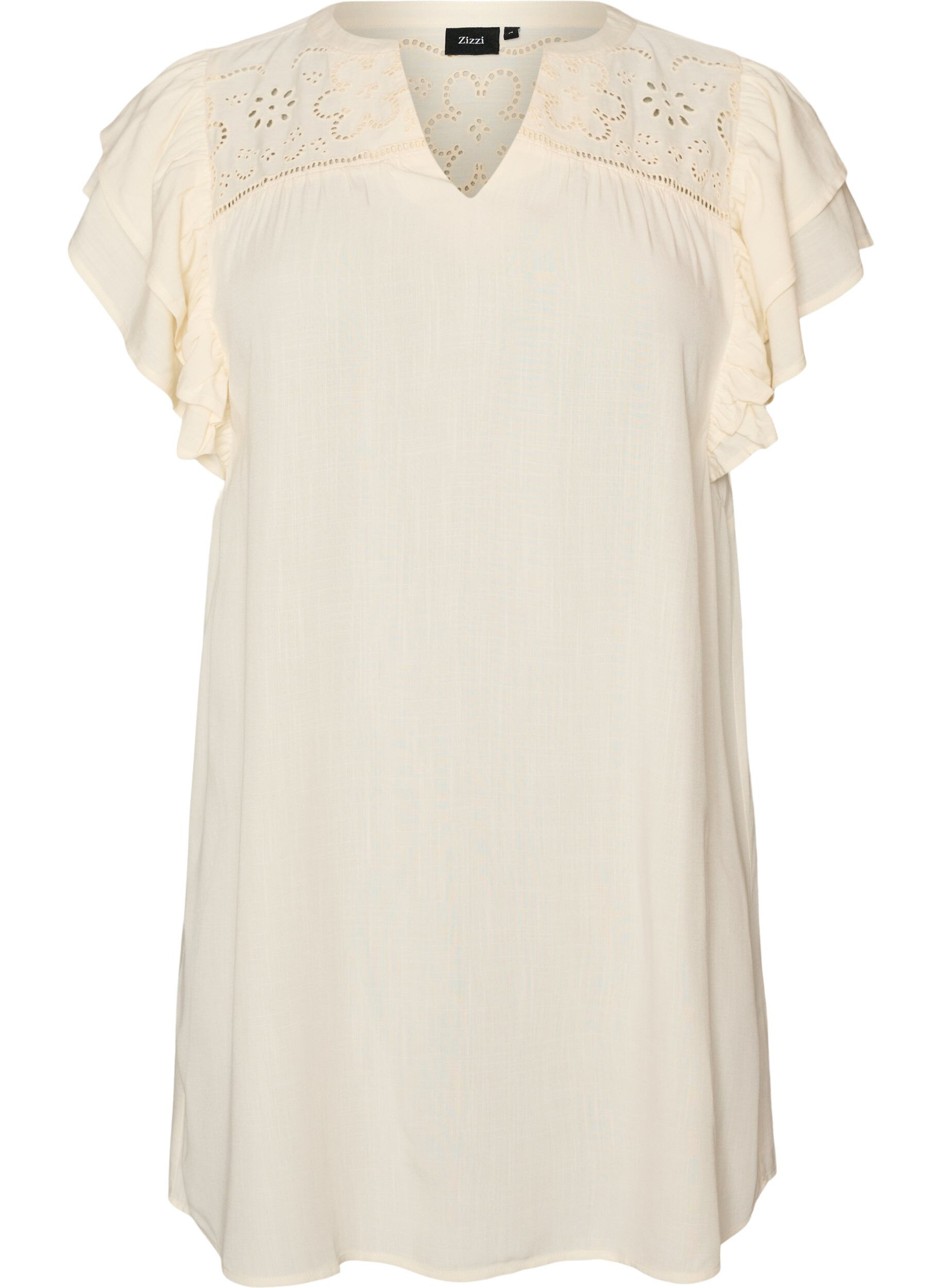 ZizziTunika mit Broderie Anglaise und R&uuml;schen&auml;rmeln, Beige, Packshot image number 0