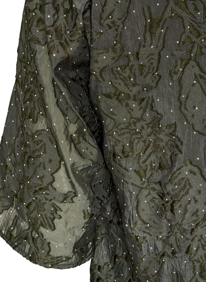 Blouse jacquard avec d&eacute;tails scintillants et manches bouffantes, Vert fonc&eacute;, Packshot image number 3
