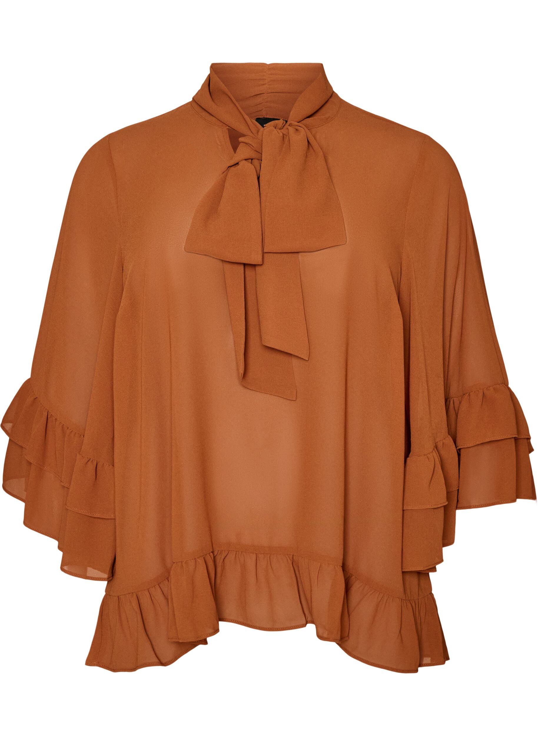 ZizziBluse mit Bindeband und R&uuml;schendetails, Braun, Packshot image number 0
