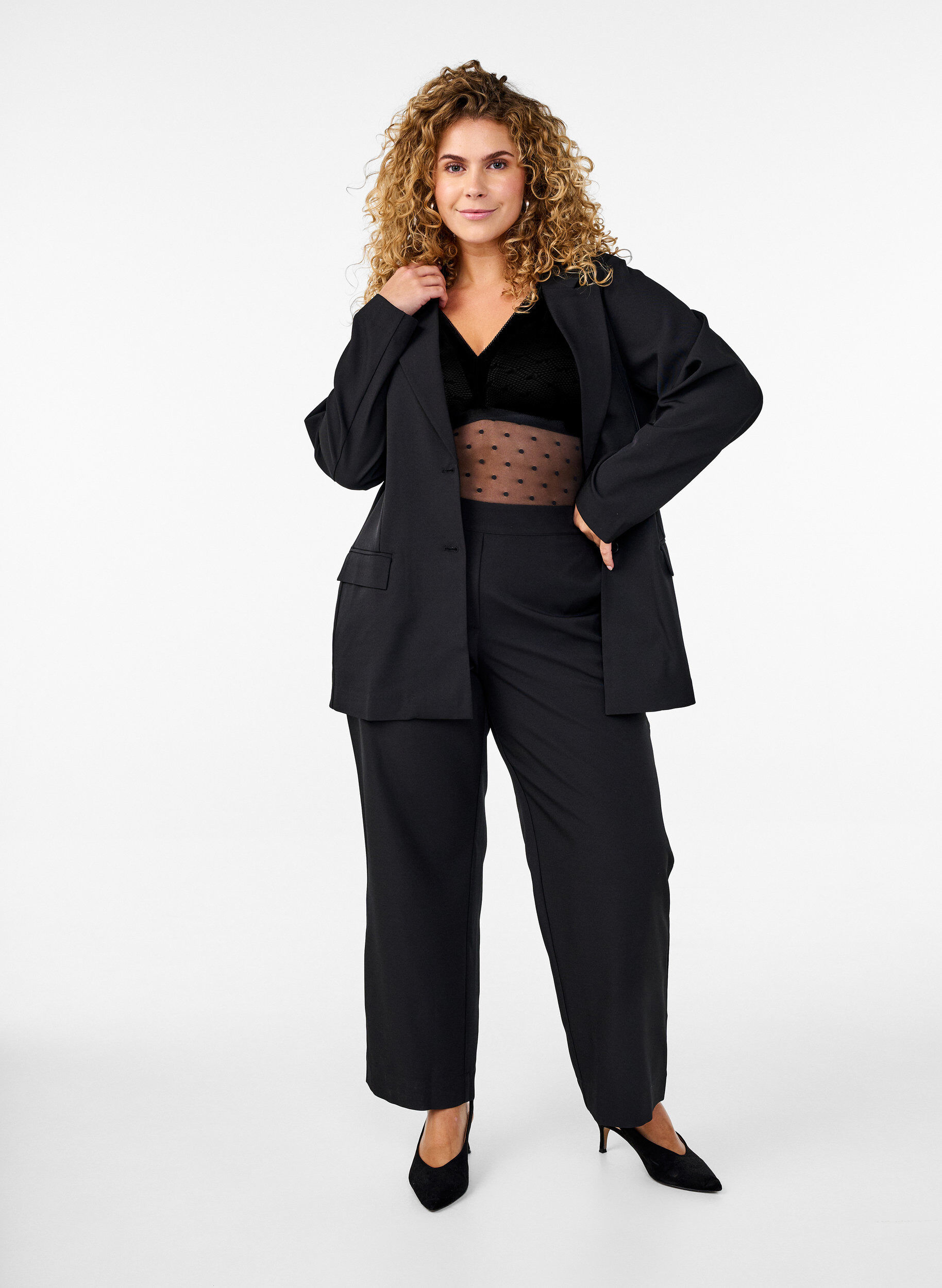 Zizzi Bodystocking mit gepunktetem Netz und abnehmbaren Pads, Black, Model image number 4