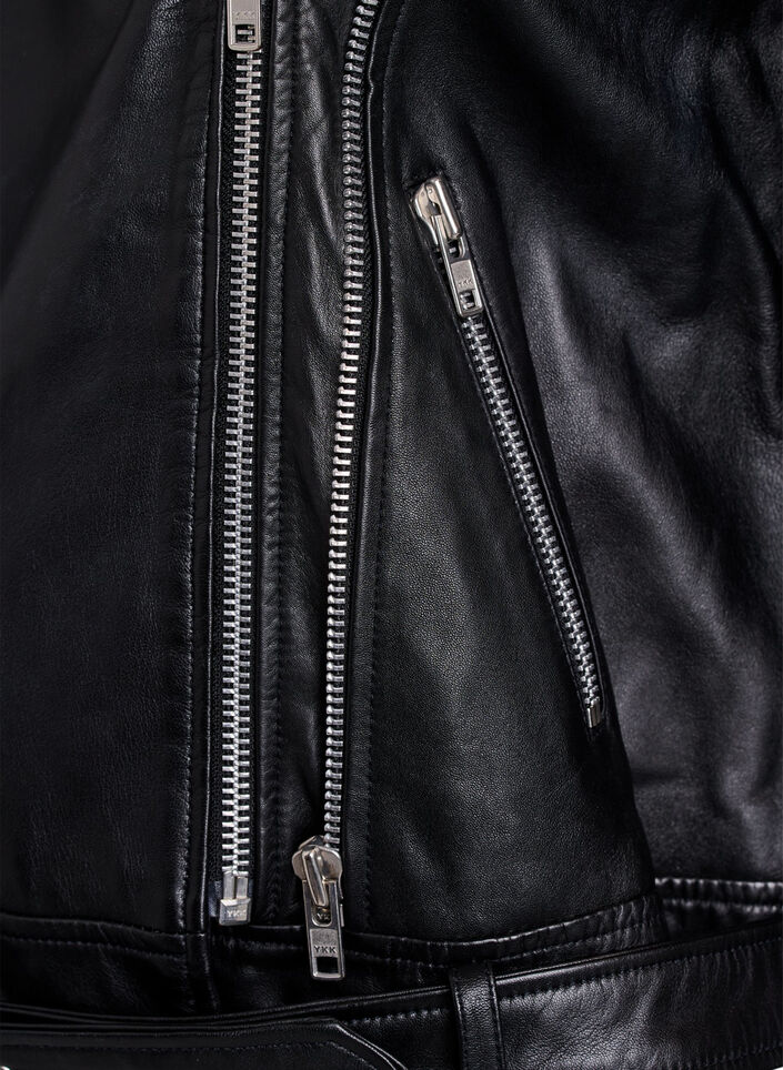 Veste motard en cuir avec ceinture, Noir, Packshot image number 2