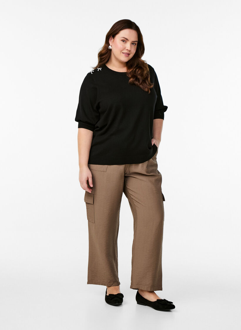 chemisier maille à manches courtes et petits nœuds, Noir, Model image number 1