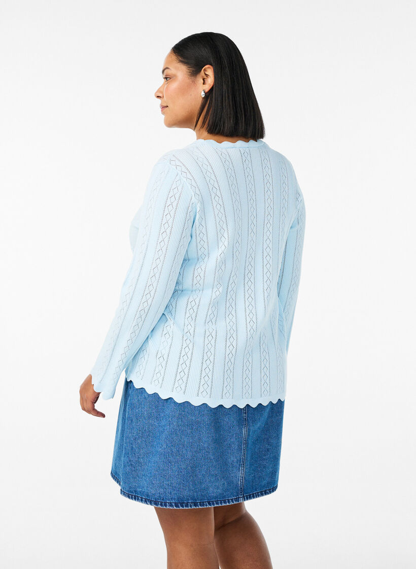 Cardigan avec broderie ajour&eacute;e et bords ondul&eacute;s, Bleu Clair, Model image number 2