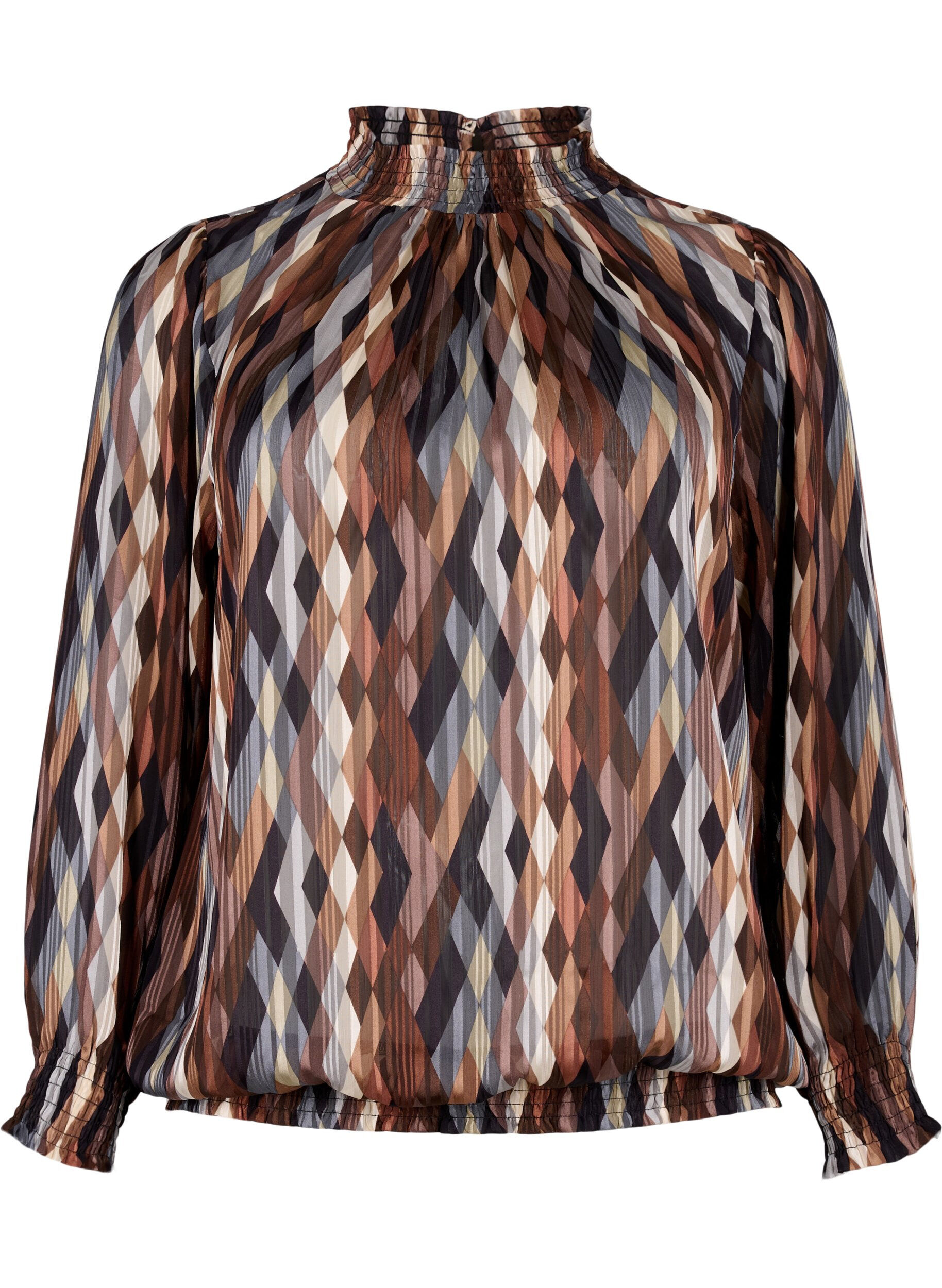Zizzi Blouse imprim&eacute;e &agrave; smock, Earthy Zig Zag, Packshot image number 0