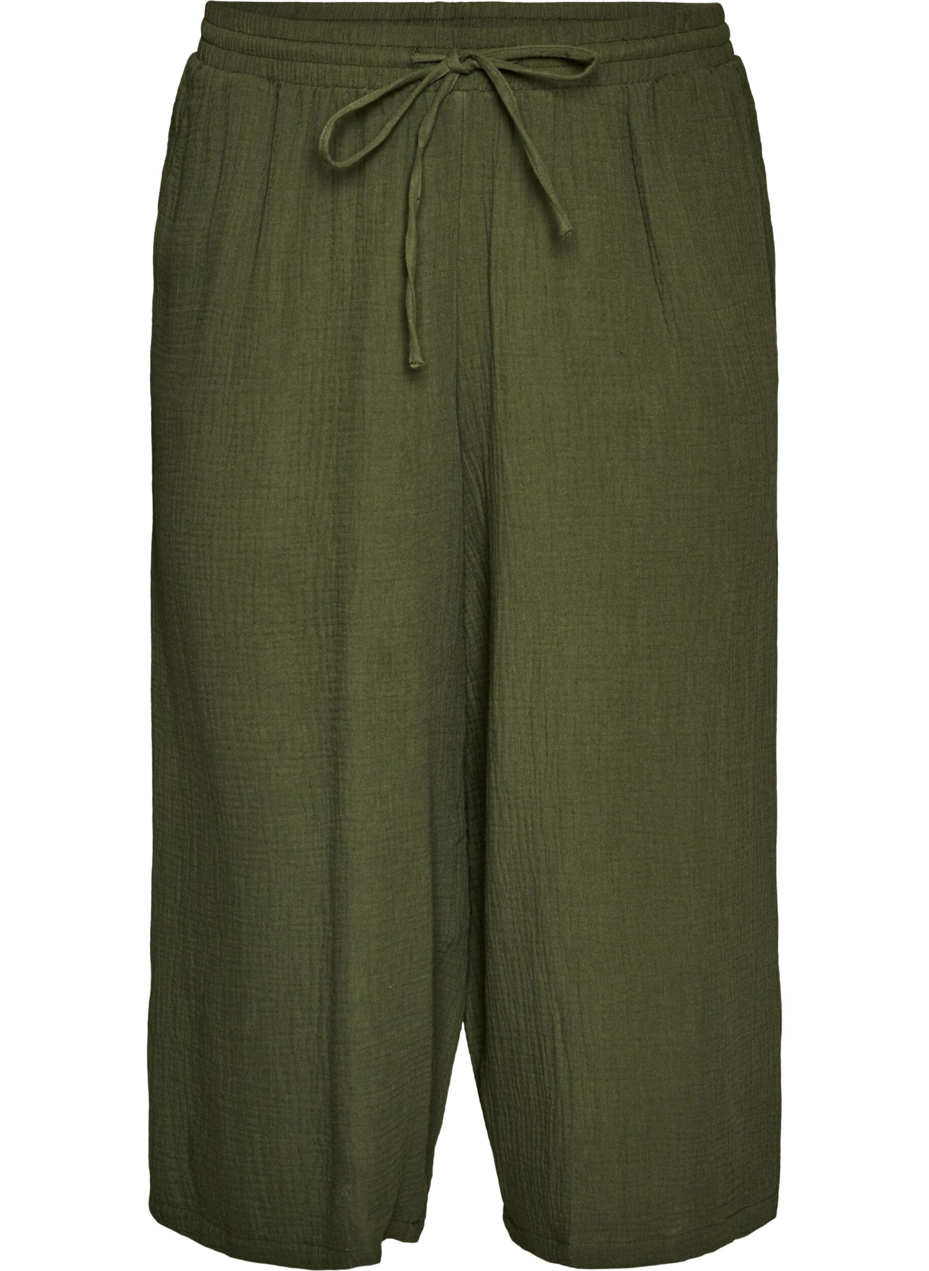 Zizzi Pantalon culotte en mousseline de coton avec taille haute, Vert, Packshot image number 0