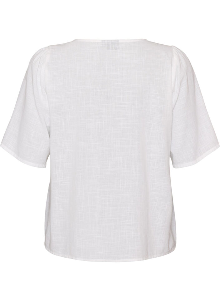 Kurz&auml;rmelige Bluse aus Baumwolle mit V-Ausschnitt, Wei&szlig;, Packshot image number 1