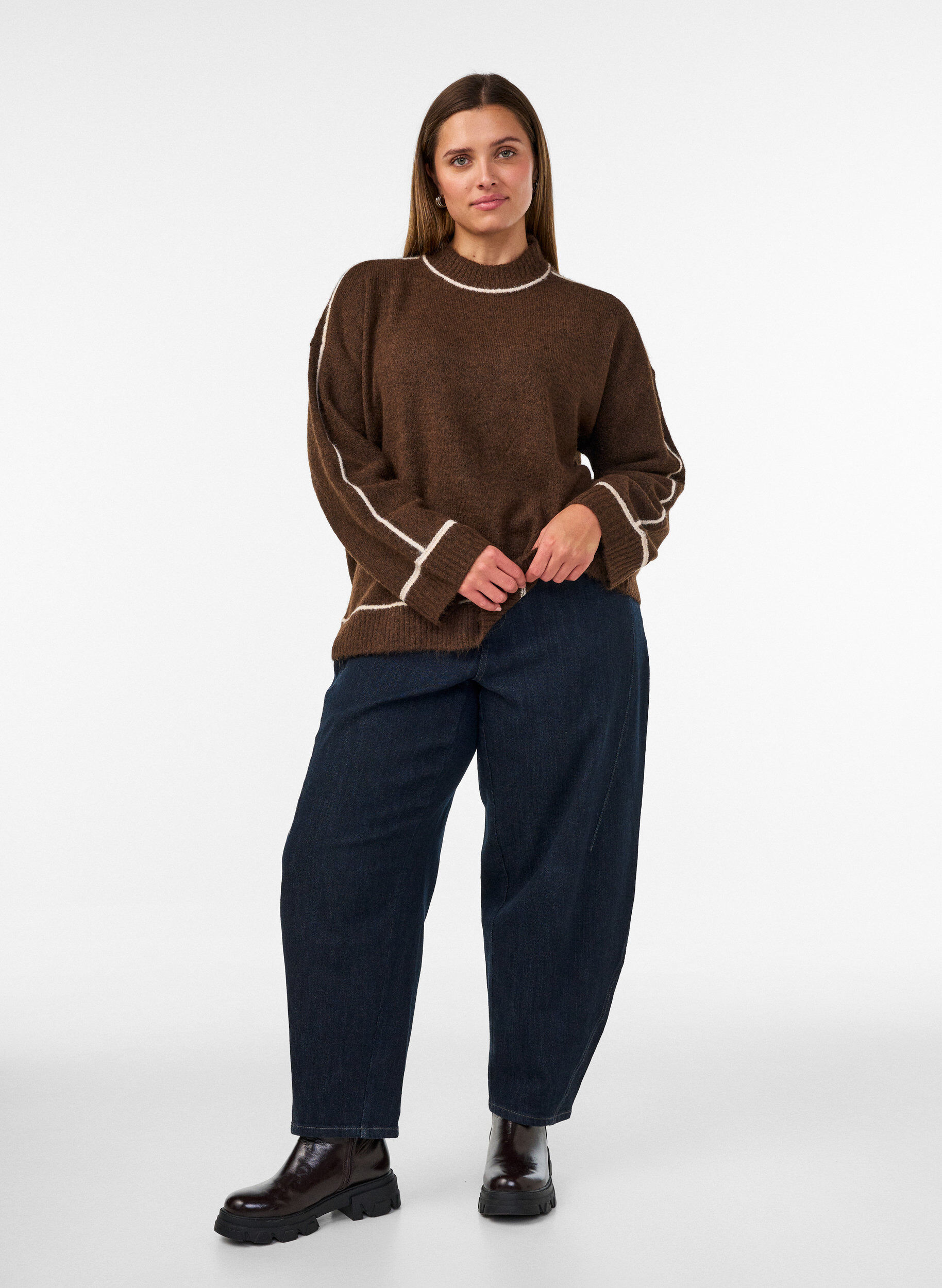 ZizziStrickpullover mit Rollkragen und Kontraststreifen, Braun, Model image number 1