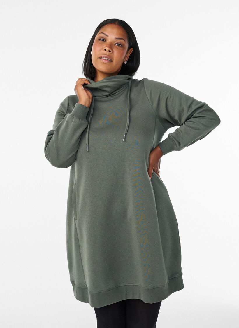 FLASH - Robe sweat-shirt courte à col montant et poches, Vert, Model image number 0