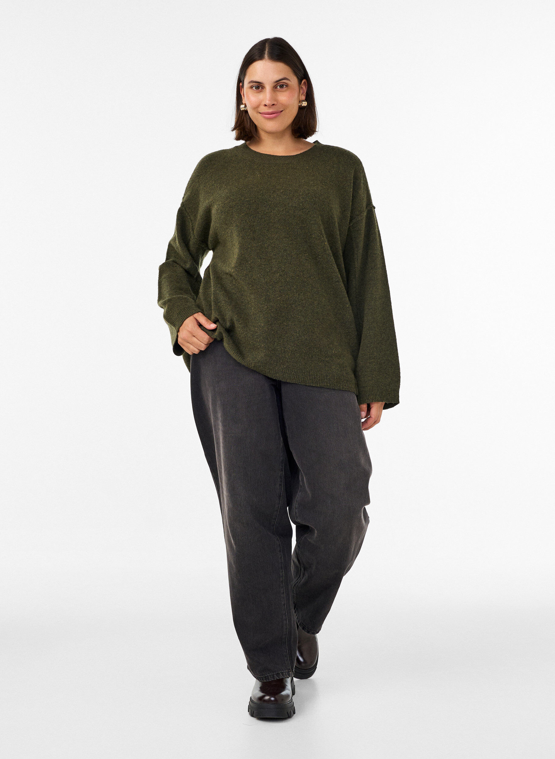 ZizziLockerer Strickpullover mit Kontrastn&auml;hten, Gr&uuml;n, Model image number 1