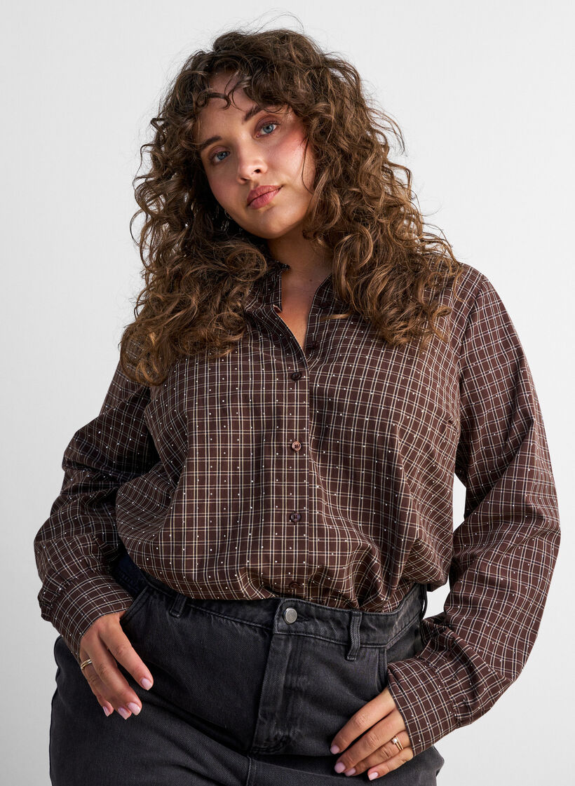 Chemise &agrave; carreaux avec strass, Marron, Model image number 0
