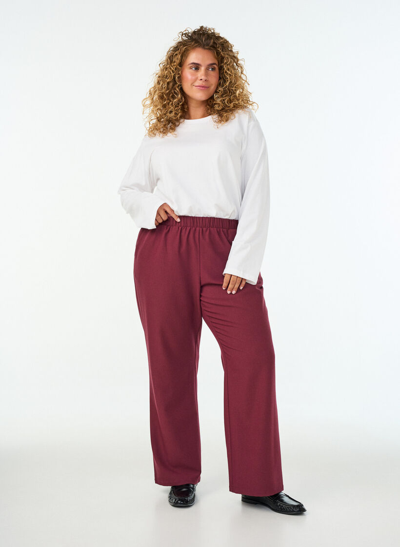 Pantalon &eacute;vas&eacute; avec taille &eacute;lastiqu&eacute;e, Bordeaux, Model image number 0