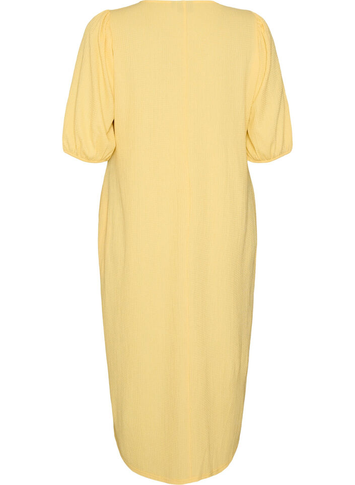Robe midi avec col en V et texture, Jaune clair, Packshot image number 1