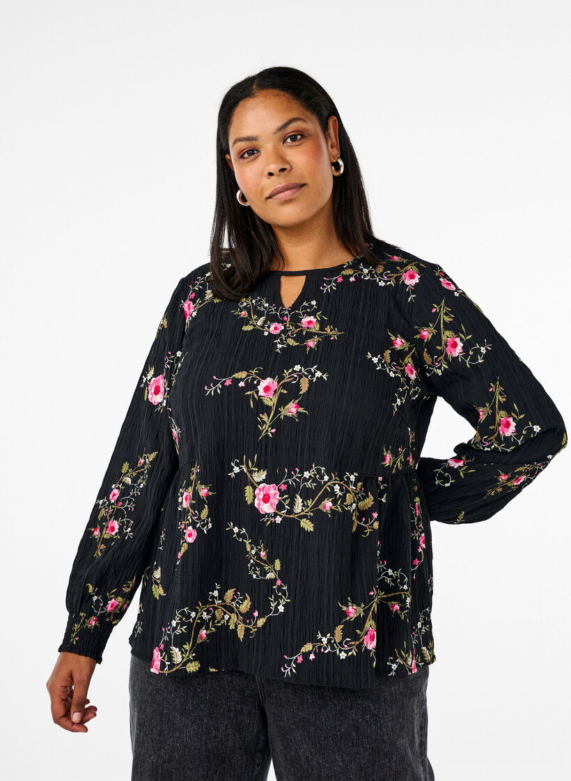 Langärmelige Bluse mit geblümtem Muster, Schwarz, Model image number 0
