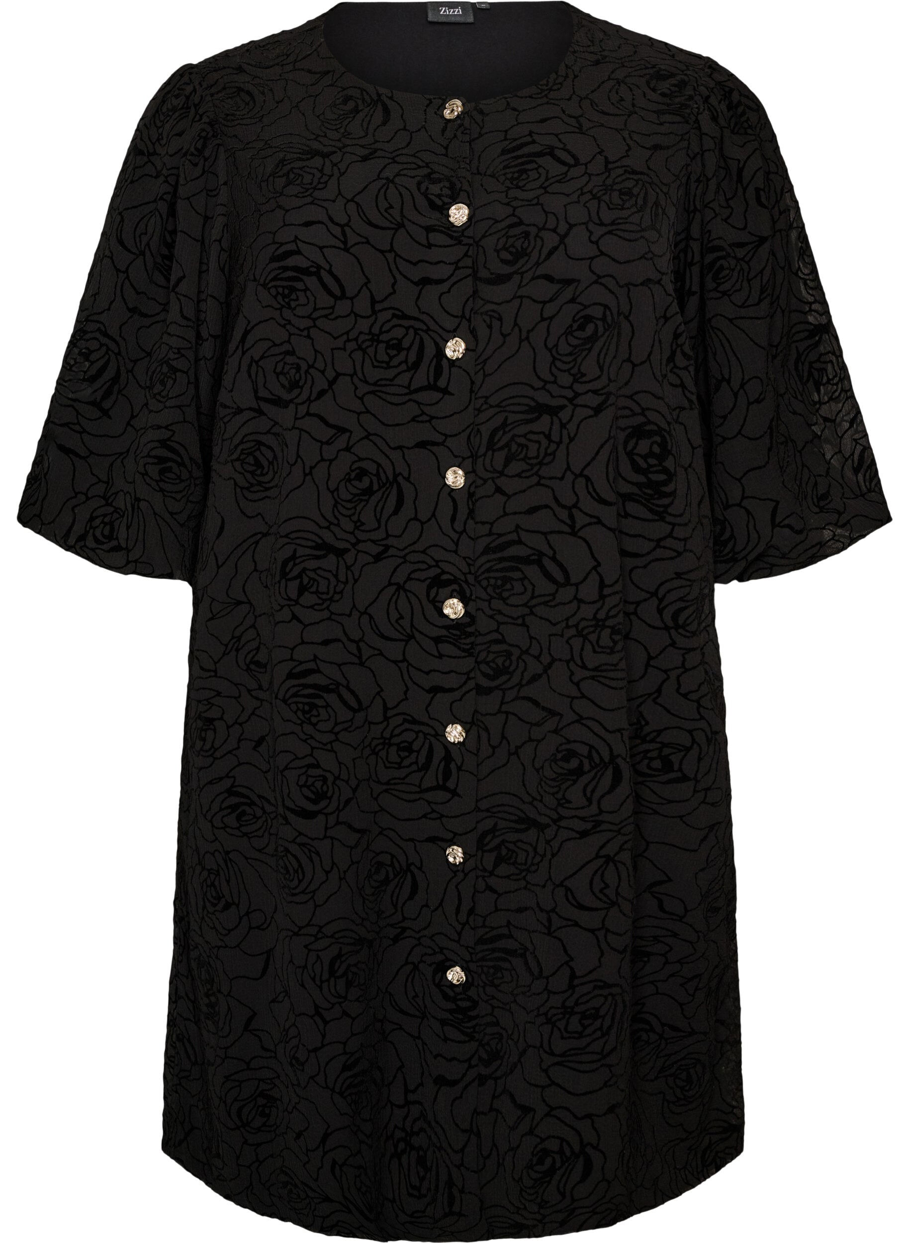 ZizziRobe courte avec imprim&eacute; roses et boutons, Noir, Packshot image number 0