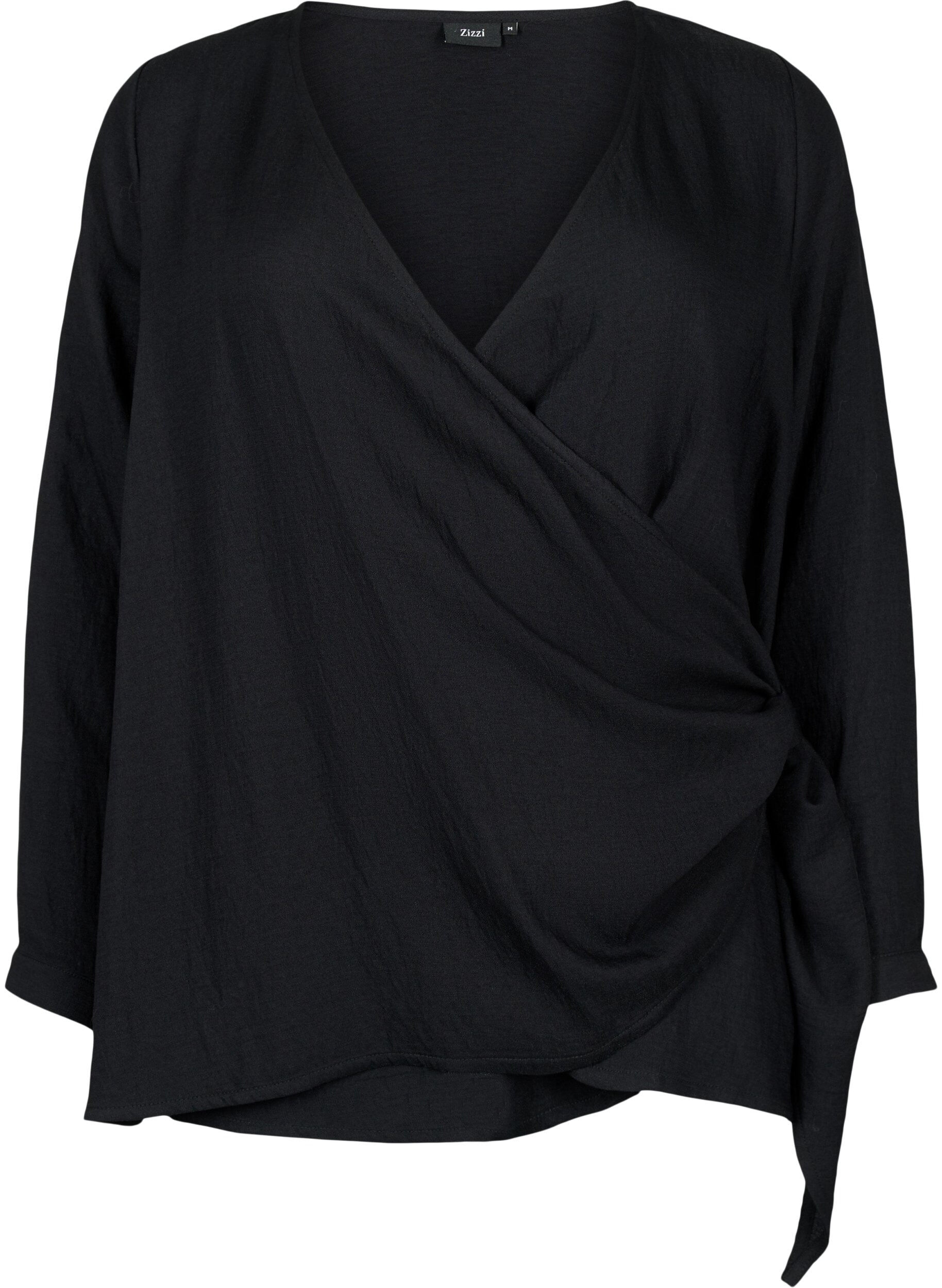 Zizzi Blouse &agrave; manches longues en viscose avec un aspect enveloppant, Black, Packshot image number 0