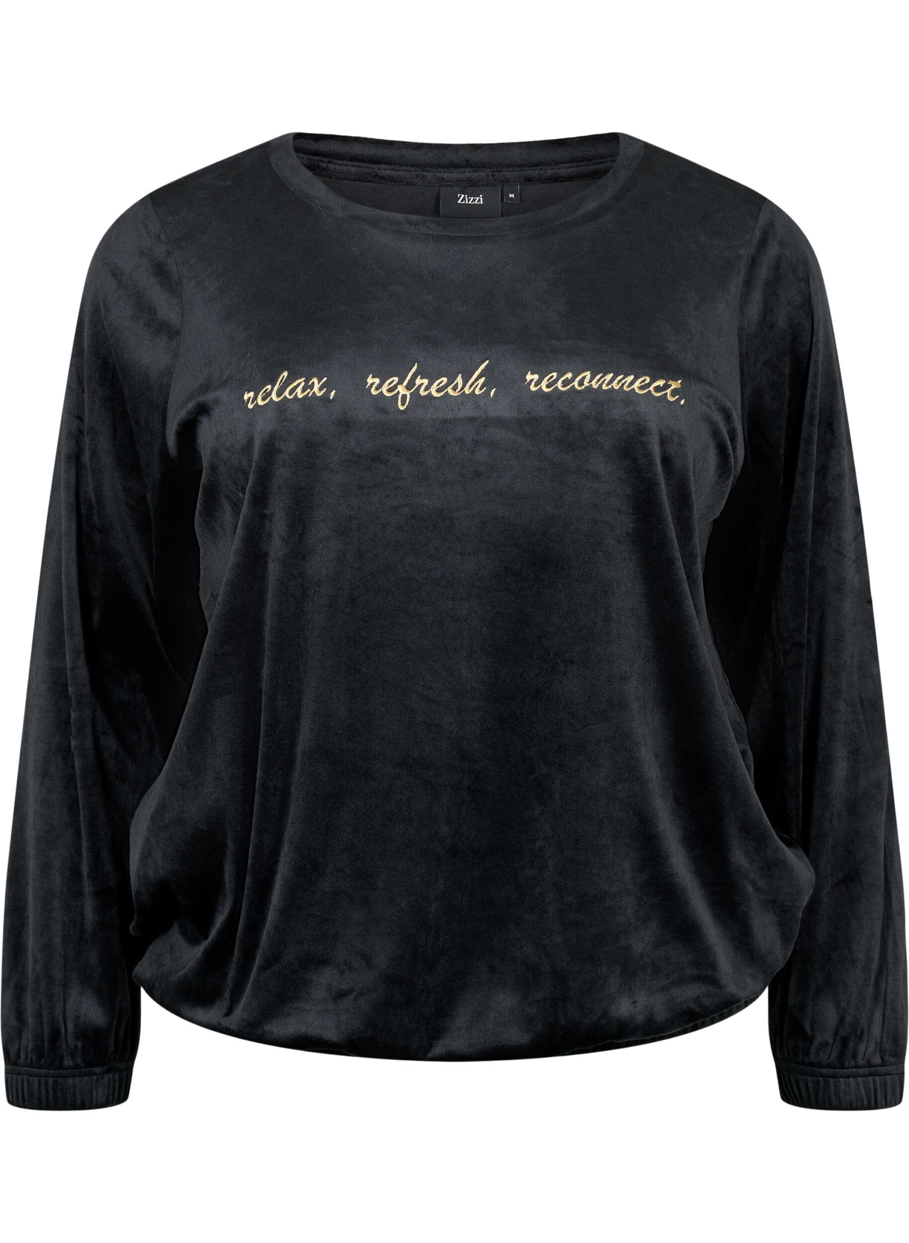 Zizzi Veloursbluse mit aufgesticktem Text, Black, Packshot image number 0