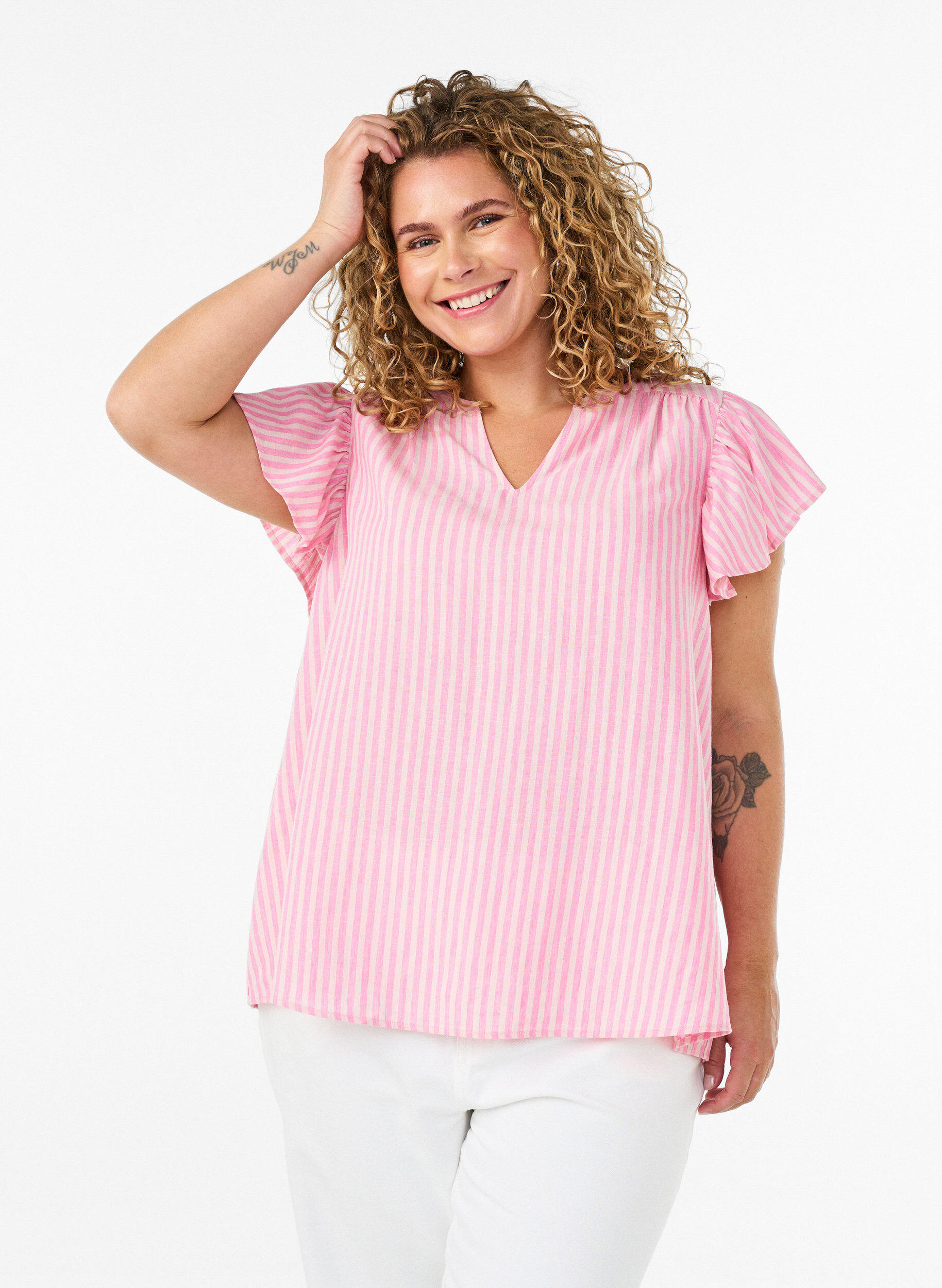 ZizziBlouse en viscose et lin avec manches &agrave; volants, Rose, Model image number 0