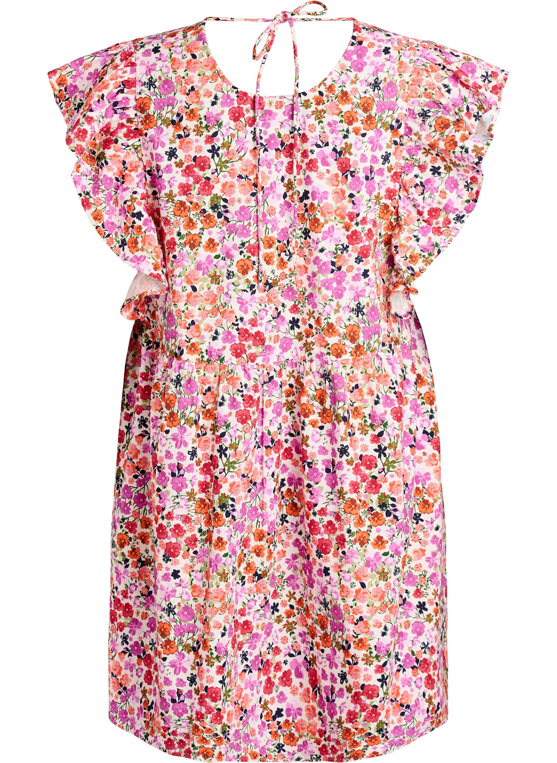 Zizzi Robe fleurie en coton avec volants et col en V, Rose, Packshot image number 1