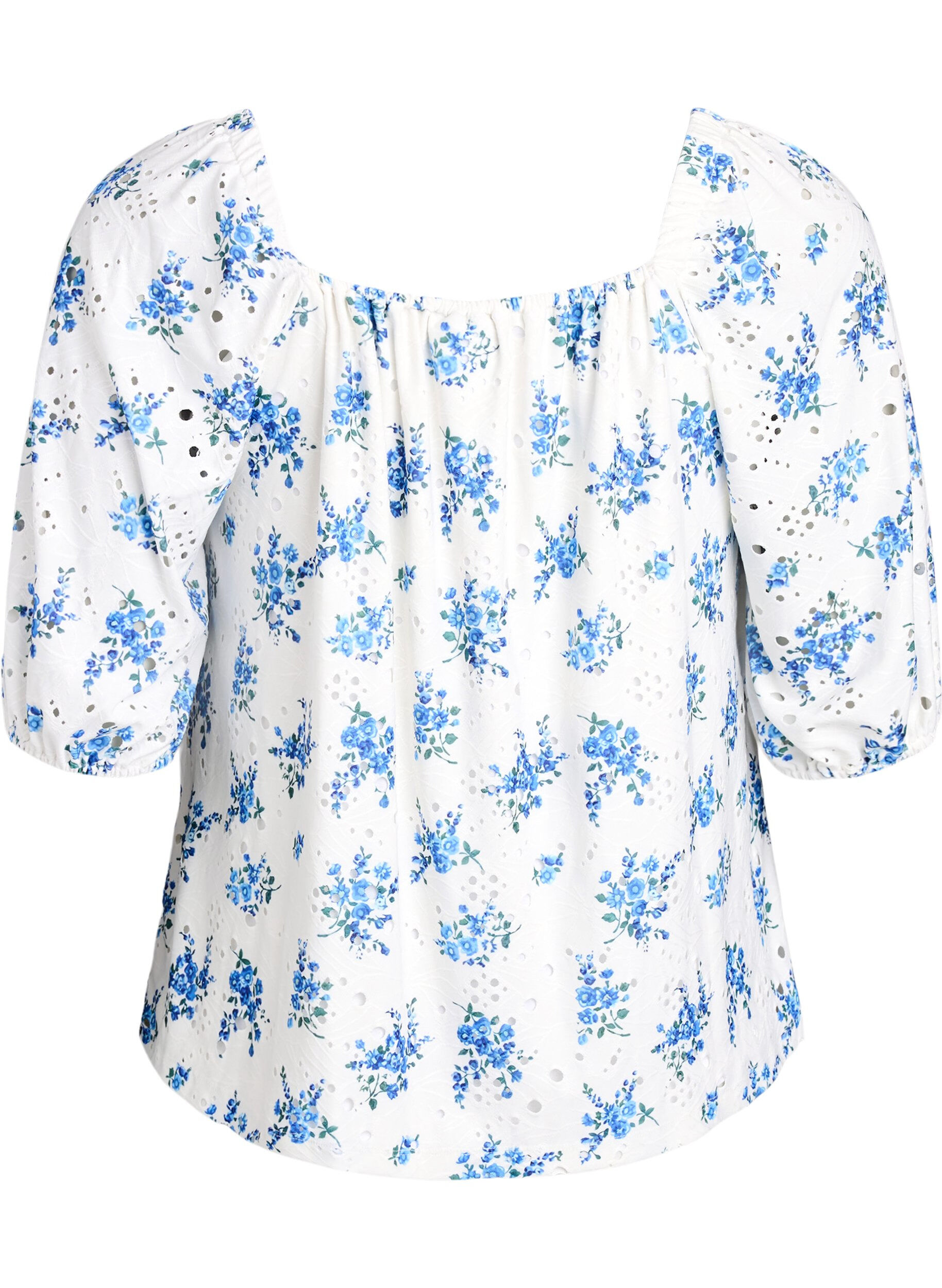 Zizzi Gebl&uuml;mte Bluse mit Karree-Ausschnitt und Lochstickerei, Wei&szlig;, Packshot image number 1