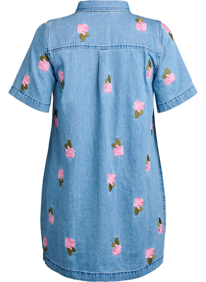 Kurzes Jeanskleid mit gestickten Blumen, Blau, Packshot image number 1